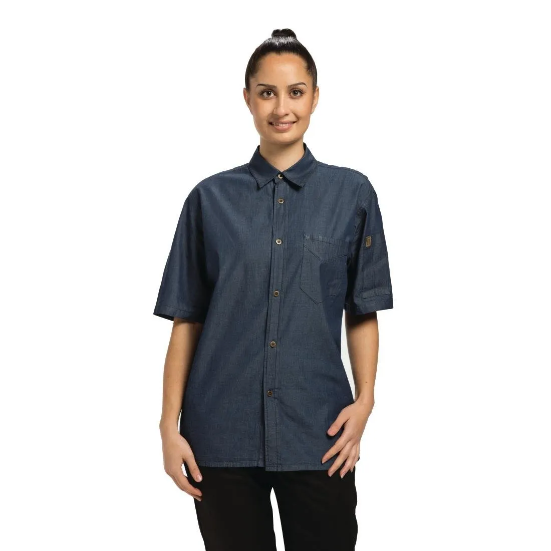 B074-XS Chef Works Detroit Unisex Denim Shirt Short Sleeve Blue XS