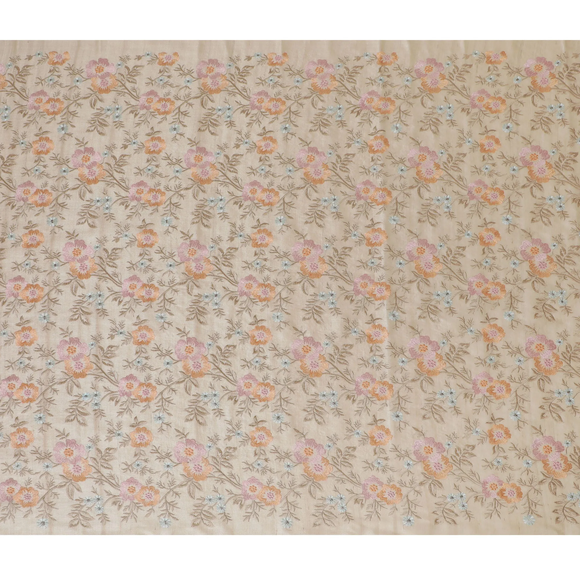 Beige Tussar Silk Fabric with Pastel Floral Embroidery - 110 cm Wide - D19615