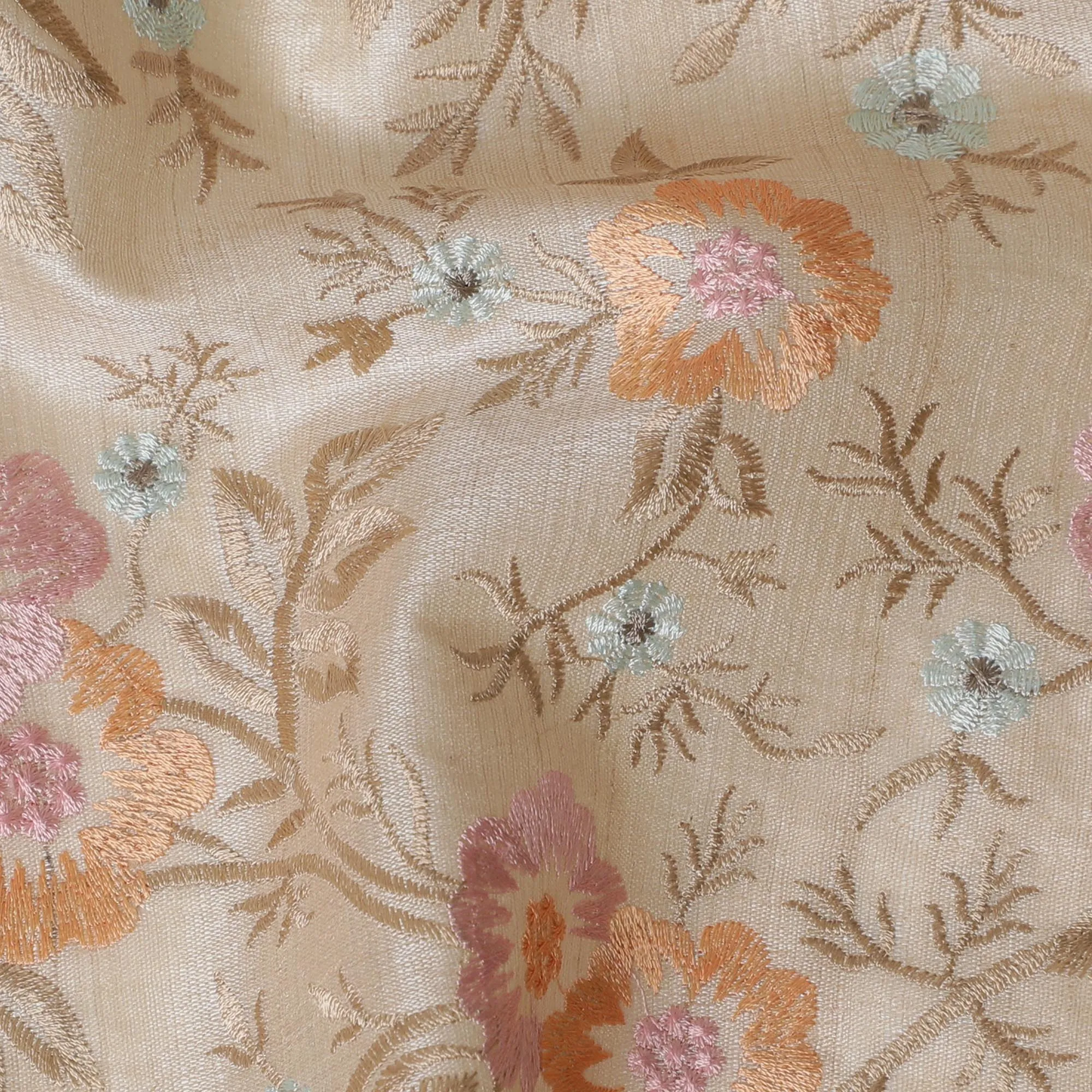 Beige Tussar Silk Fabric with Pastel Floral Embroidery - 110 cm Wide - D19615