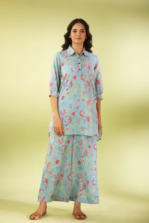 Birdsong Soirée on Light blue Cotton Loungewear Set