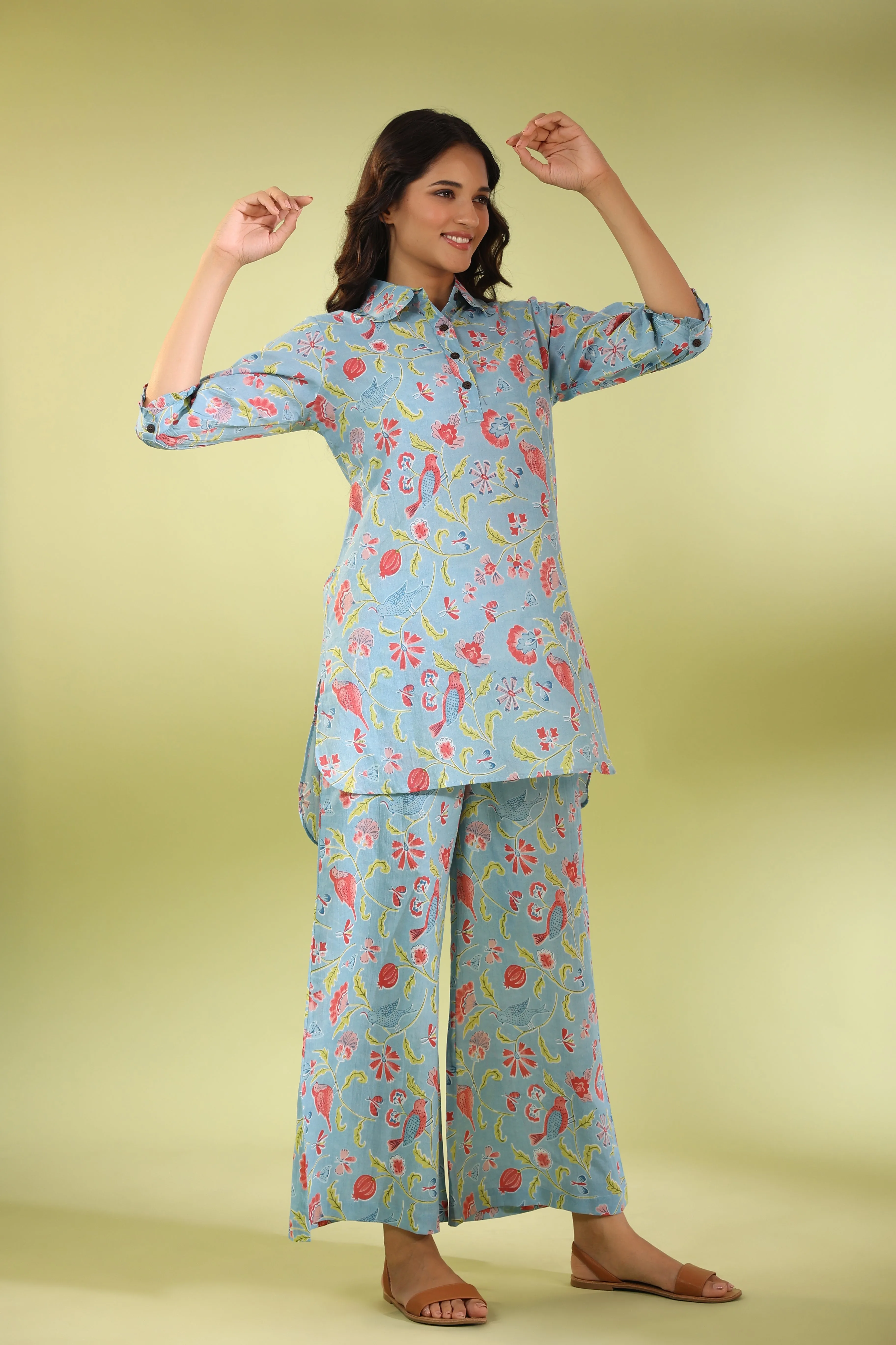 Birdsong Soirée on Light blue Cotton Loungewear Set