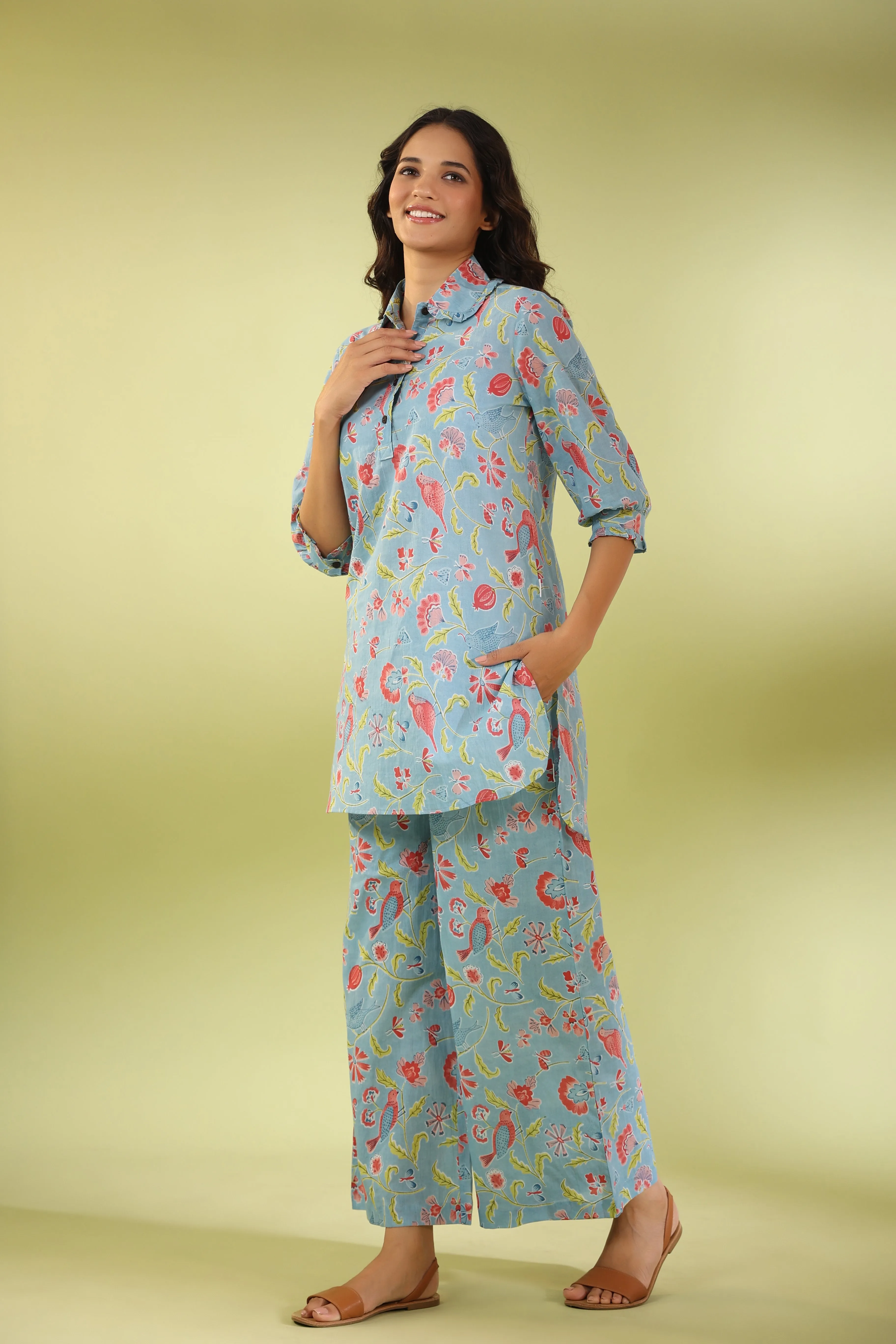 Birdsong Soirée on Light blue Cotton Loungewear Set