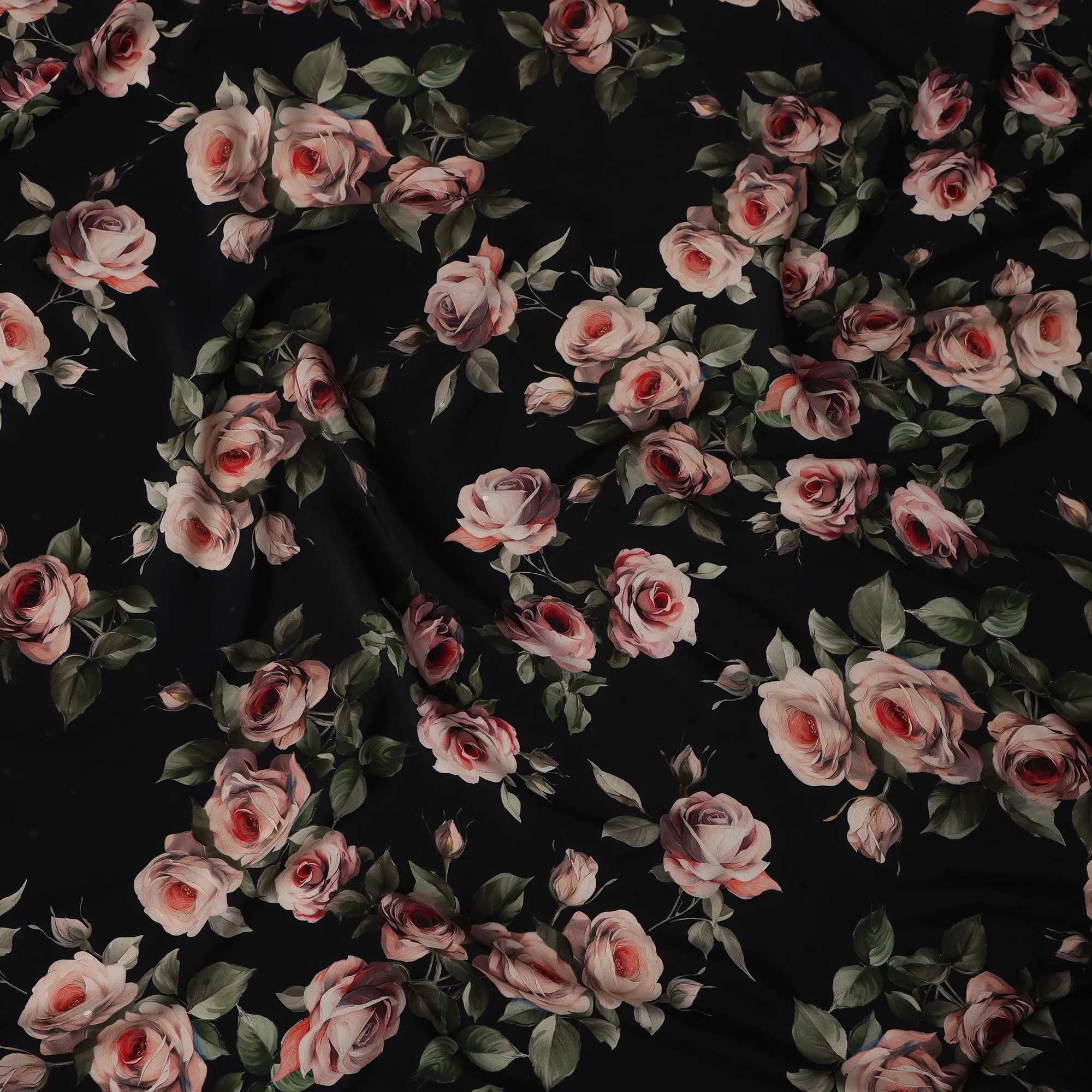 Black and Pink Rose Print Pure Silk Satin Fabric, 140 cm Width, Made in Italy -D21172