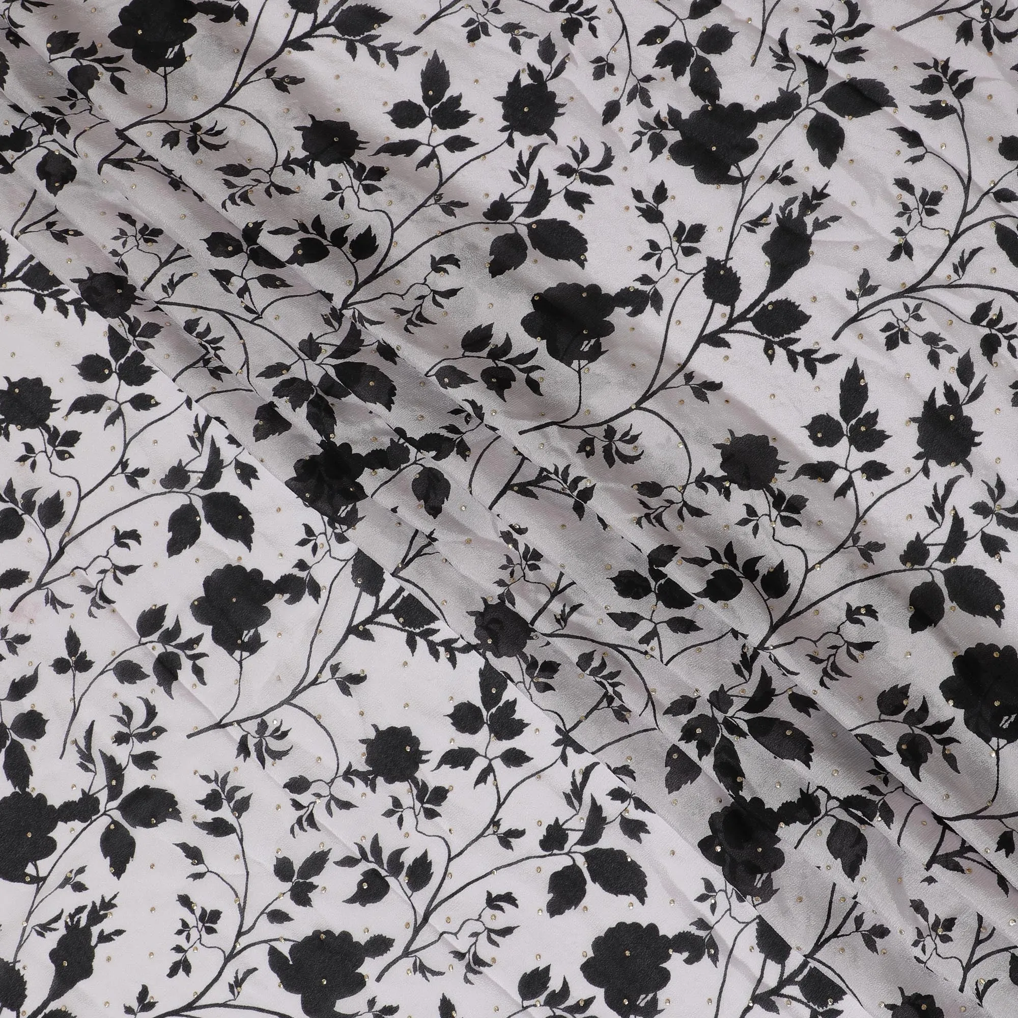 Black and White Floral Synthetic Chinon Fabric with gold foil, 110 cm Width-D19672