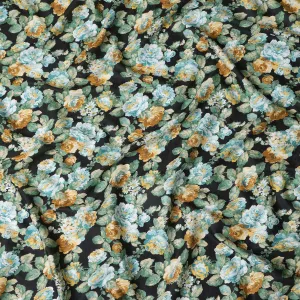 Black Japanese Cotton Voile Fabric, Green & Yellow Floral Print, 110 cm Width-D20912