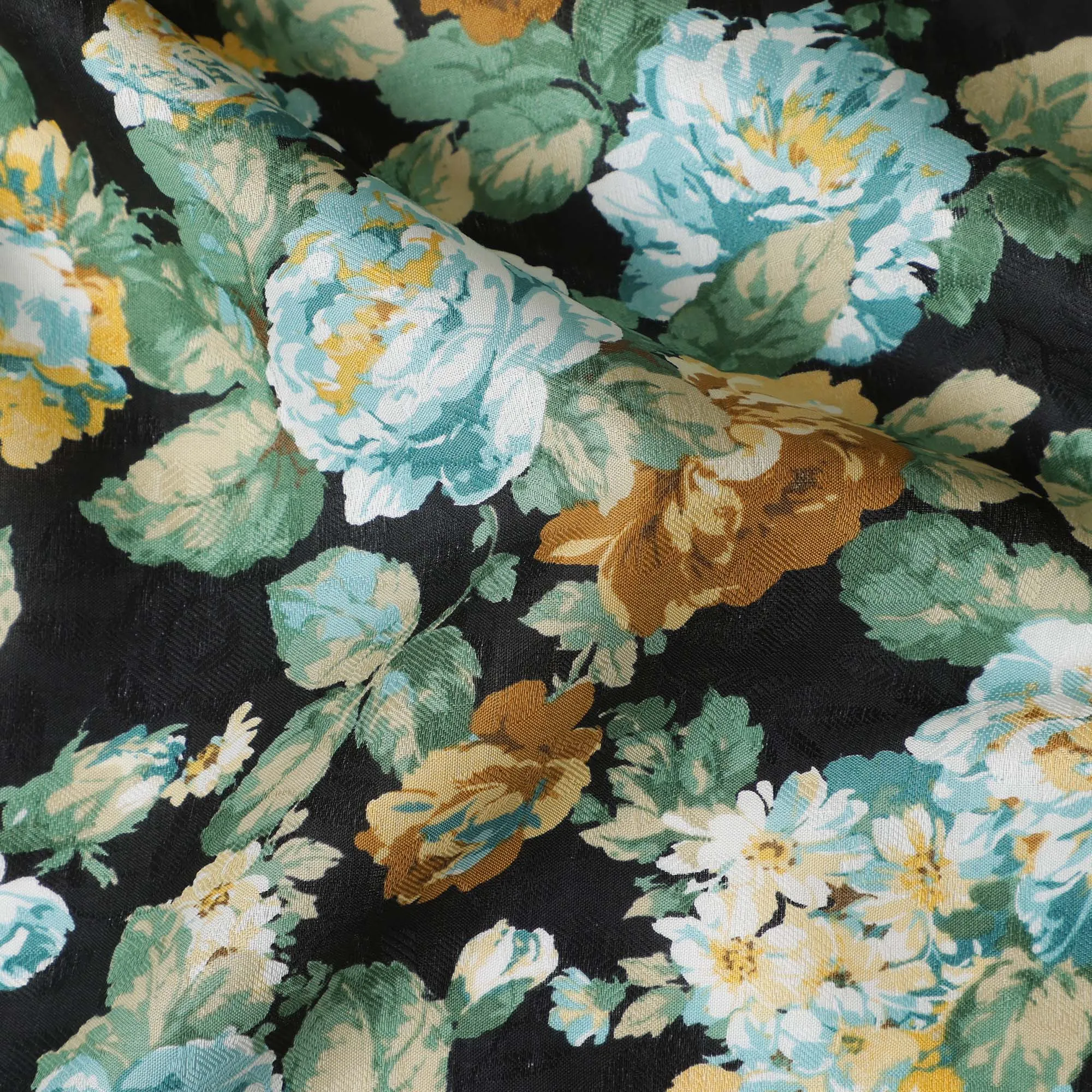 Black Japanese Cotton Voile Fabric, Green & Yellow Floral Print, 110 cm Width-D20912