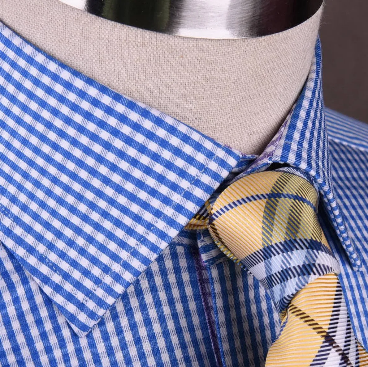 Blue Gingham Check Formal Business Dress Shirt w Purple Inner-Lining in Button Cuffs