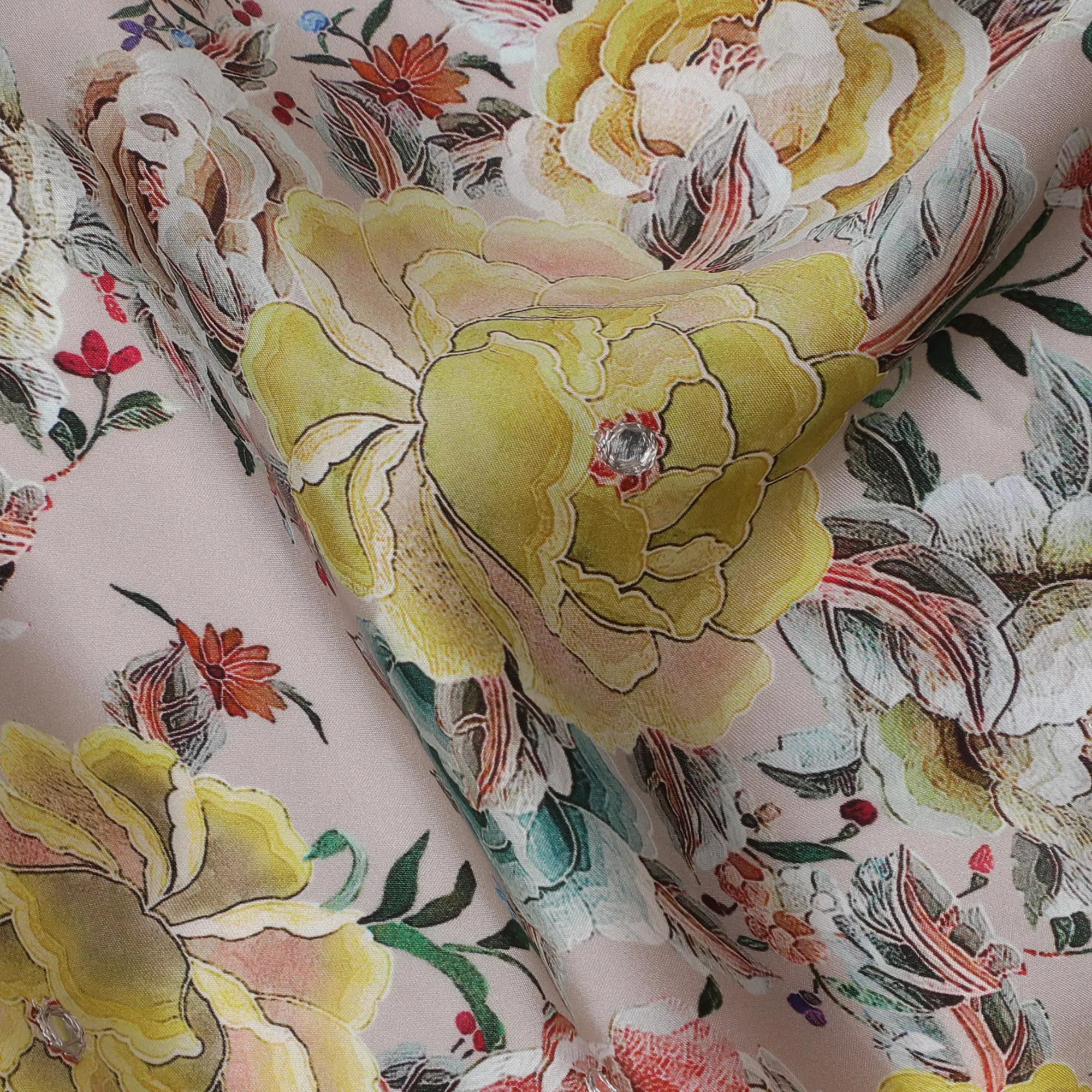 Blush Pink & Yellow Floral Viscose Modal Satin Fabric with Mirror Work - 110 cm Width-D20273