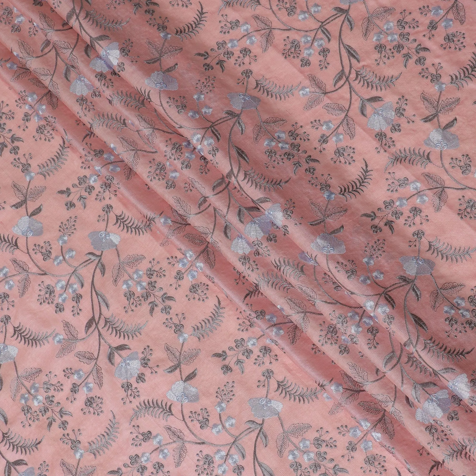 Blush Pink Tussar Silk Fabric with Silver Floral Embroidery - 110 cm Wide - D19614