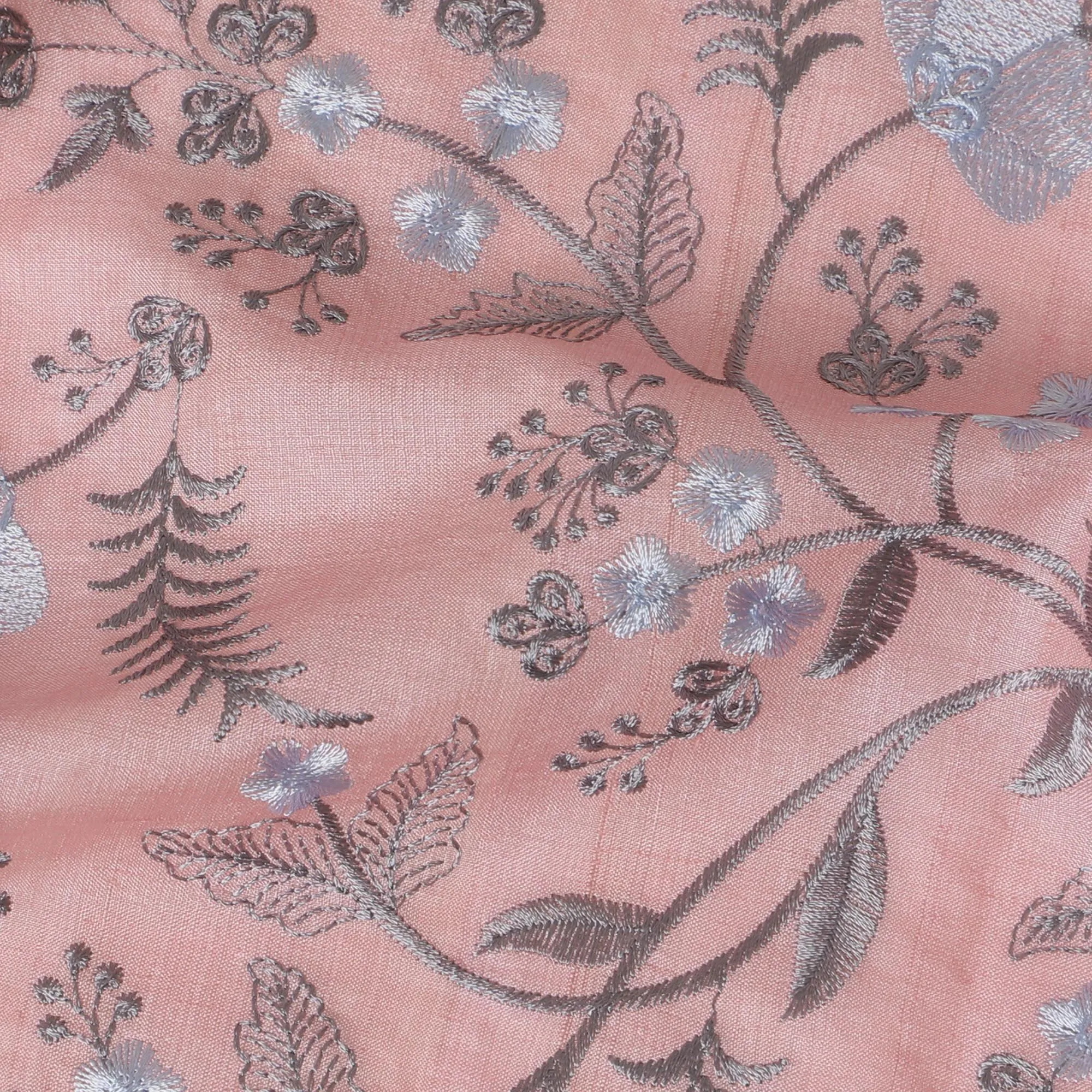 Blush Pink Tussar Silk Fabric with Silver Floral Embroidery - 110 cm Wide - D19614