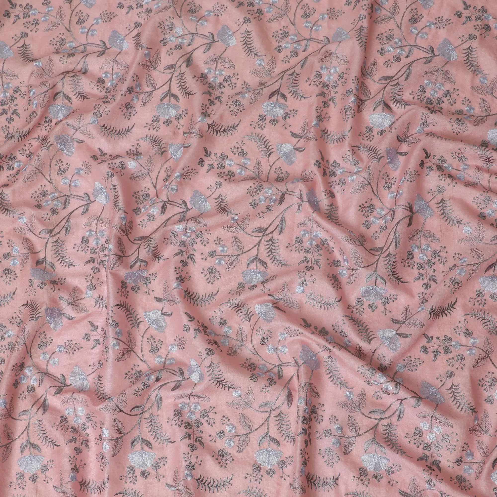 Blush Pink Tussar Silk Fabric with Silver Floral Embroidery - 110 cm Wide - D19614