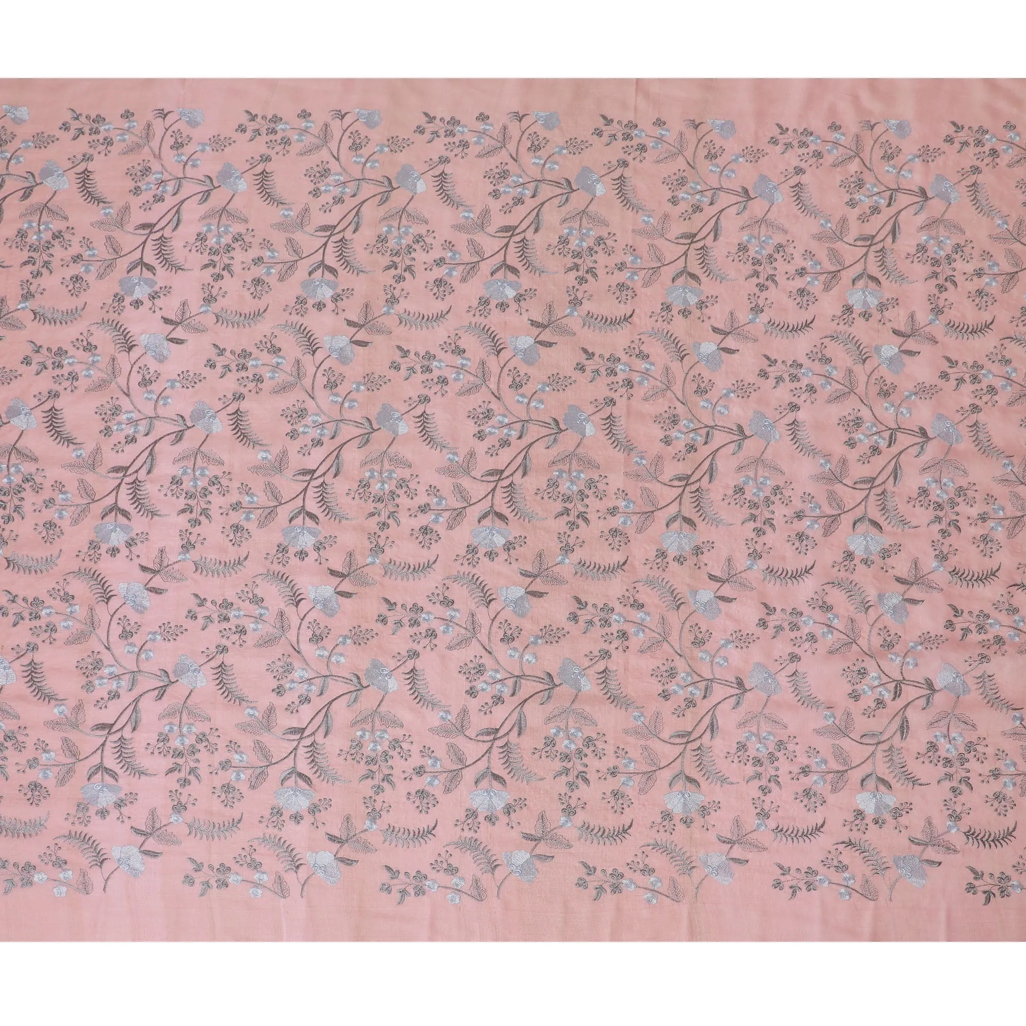 Blush Pink Tussar Silk Fabric with Silver Floral Embroidery - 110 cm Wide - D19614