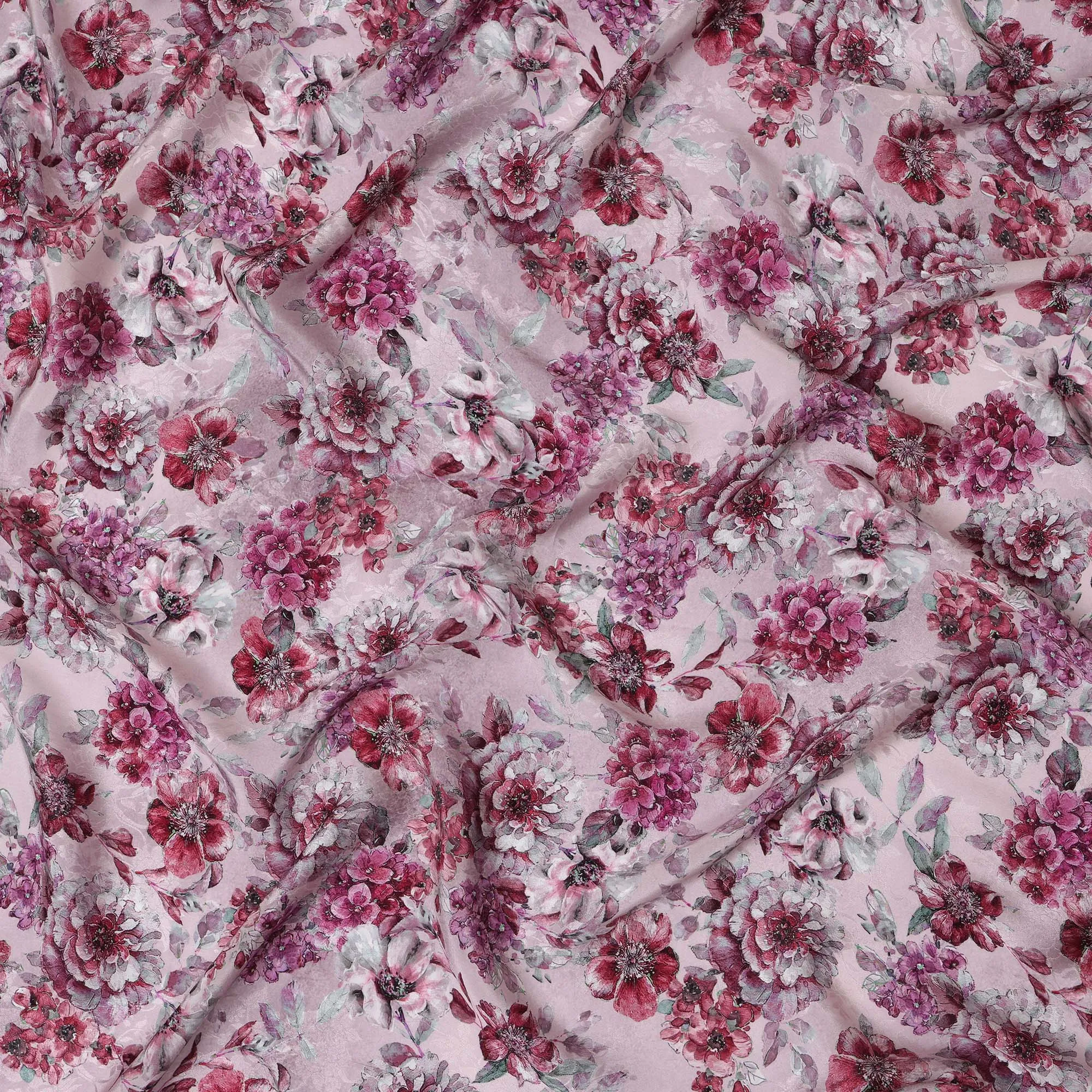 Blush Pink Viscose Crepe Printed Fabric with Burgundy Floral Design, 110 cm Width-D20463