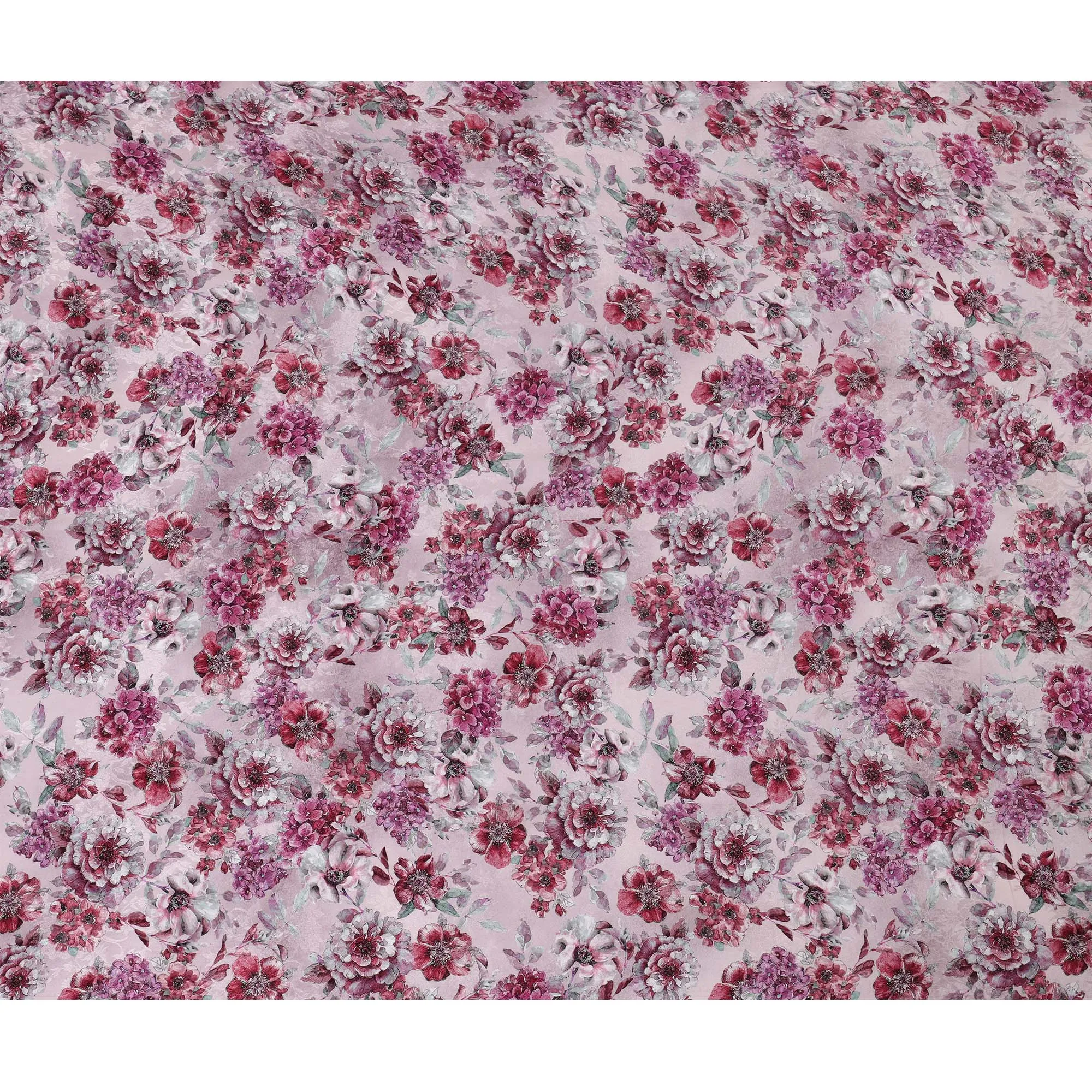 Blush Pink Viscose Crepe Printed Fabric with Burgundy Floral Design, 110 cm Width-D20463