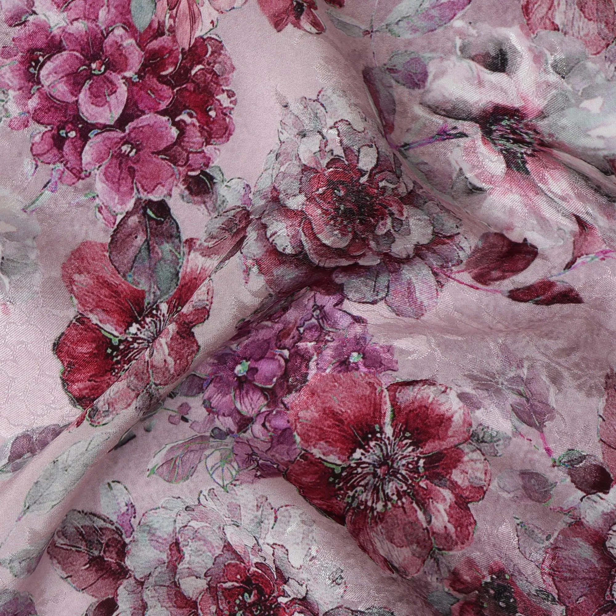 Blush Pink Viscose Crepe Printed Fabric with Burgundy Floral Design, 110 cm Width-D20463