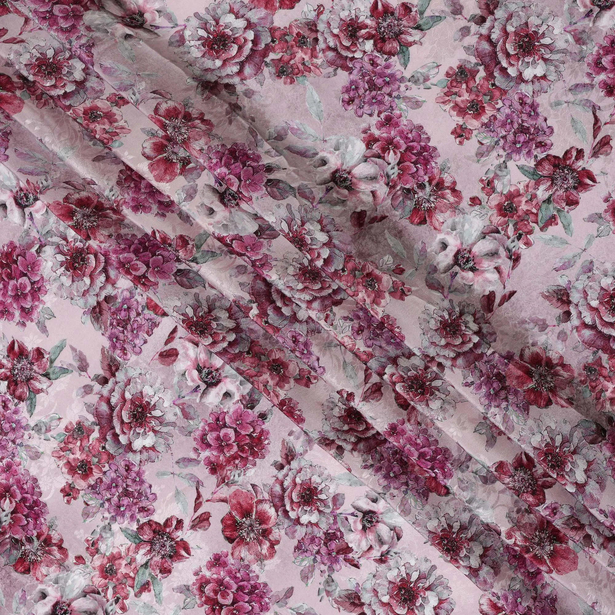 Blush Pink Viscose Crepe Printed Fabric with Burgundy Floral Design, 110 cm Width-D20463