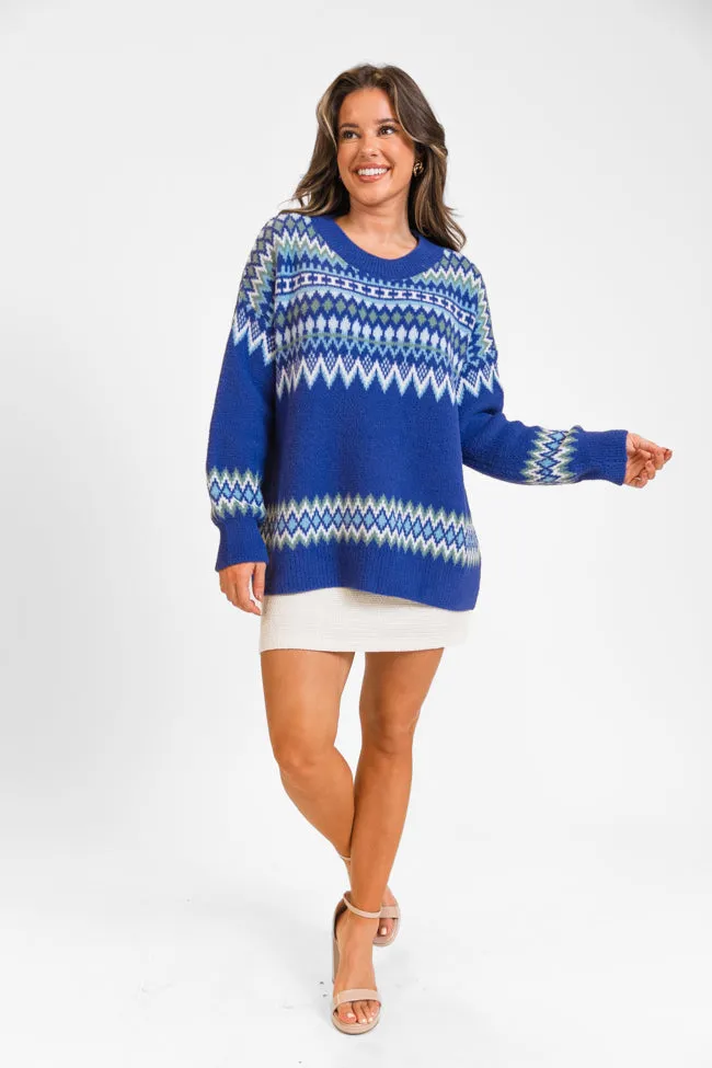 Bundled Up Navy Oversized Fuzzy Fair Isle Sweater FINAL SALE