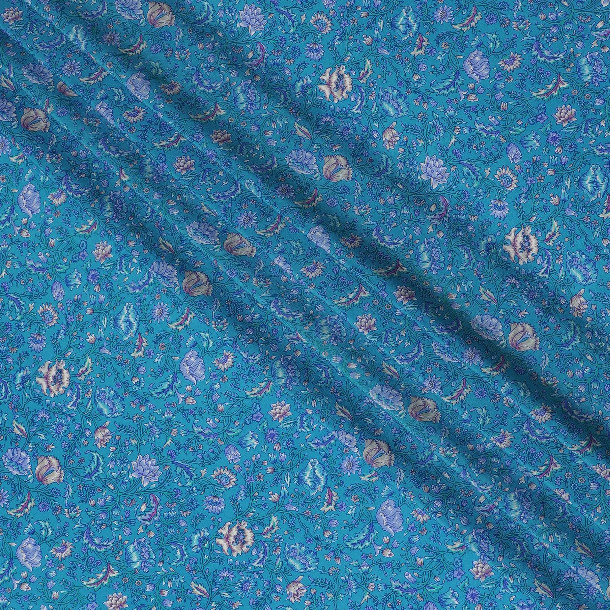 Celestial Blue Pure Silk Crepe Fabric with Lavender Florals - Exquisite Craftsmanship, 110cm Width - Purchase Online by the Meter-D18037