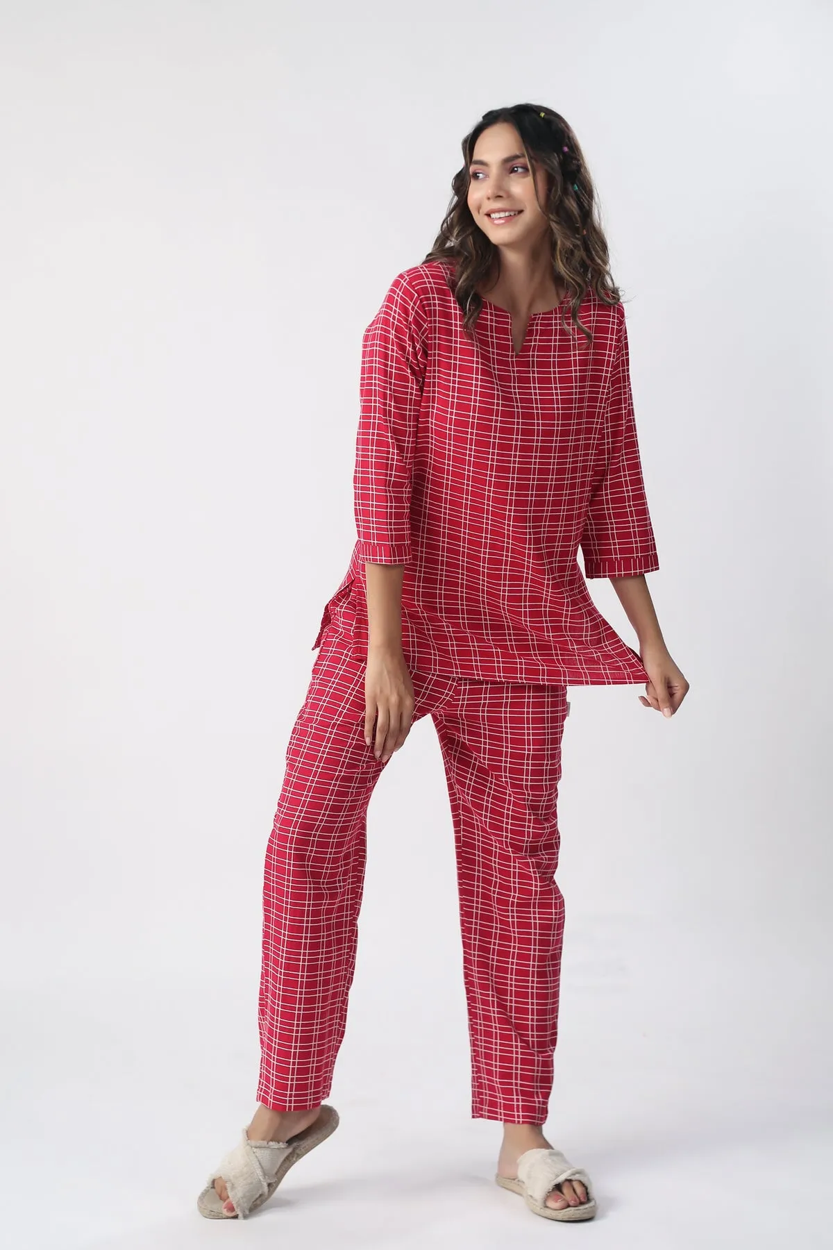 Checkered Maroon Cotton Flex Loungewear Top Set