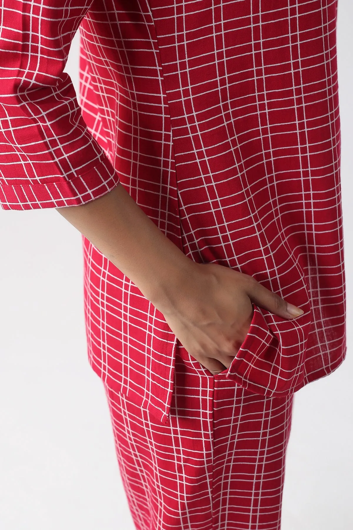 Checkered Maroon Cotton Flex Loungewear Top Set