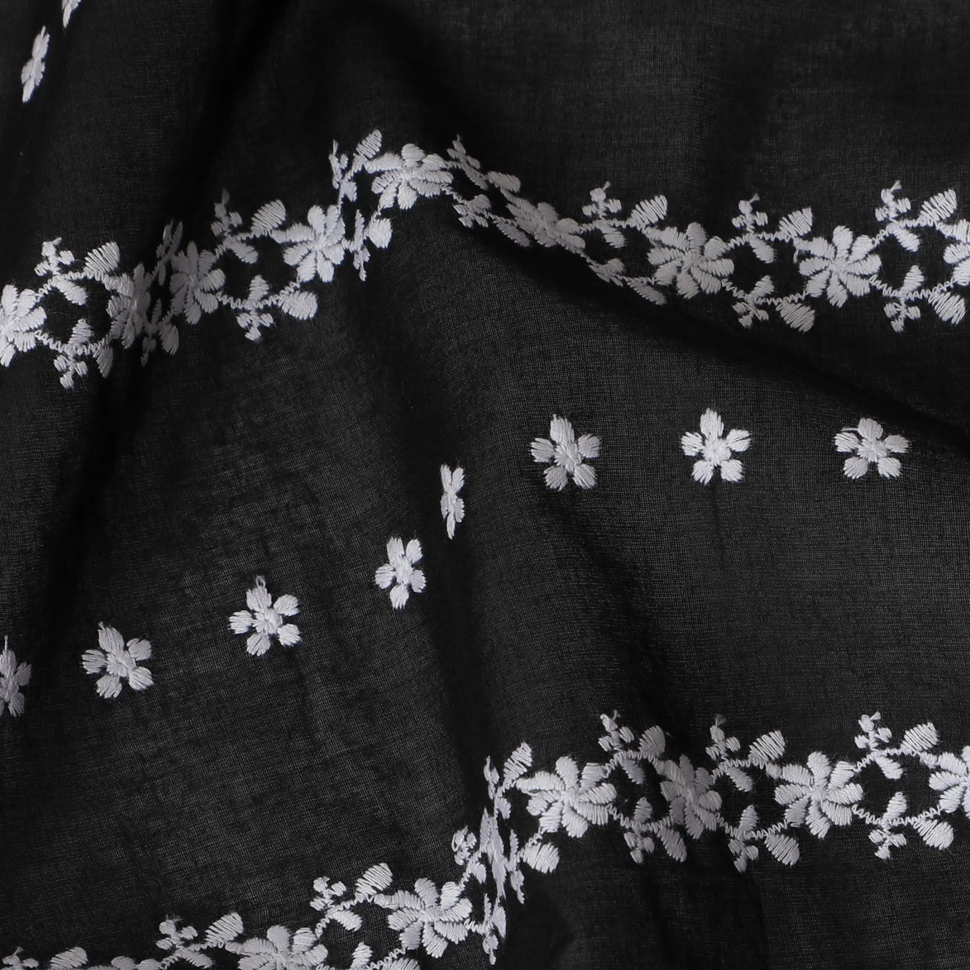 Classic Black Cotton Voile Fabric with White Floral Embroidery, 110 cm Width-D20125