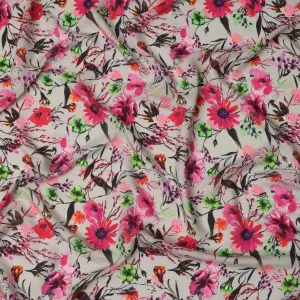 Cream Floral Viscose Crepe Digital Print Fabric, 110 cm Wide, Made in India-D20990