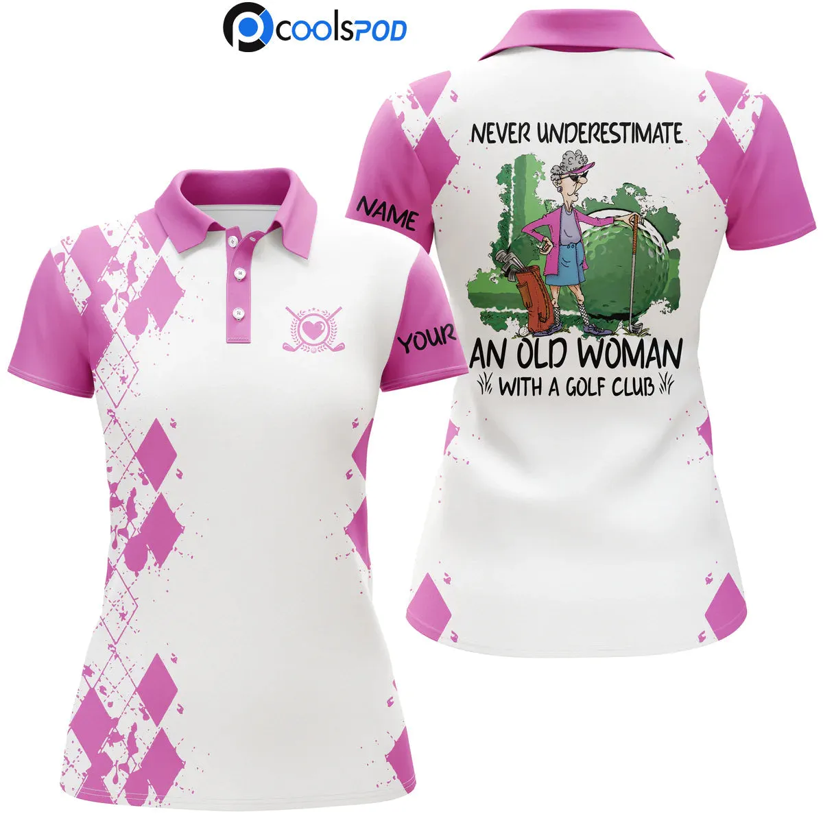 Custom name 3D women golf polo shirts multi-color never underestimate an old woman with a golf club