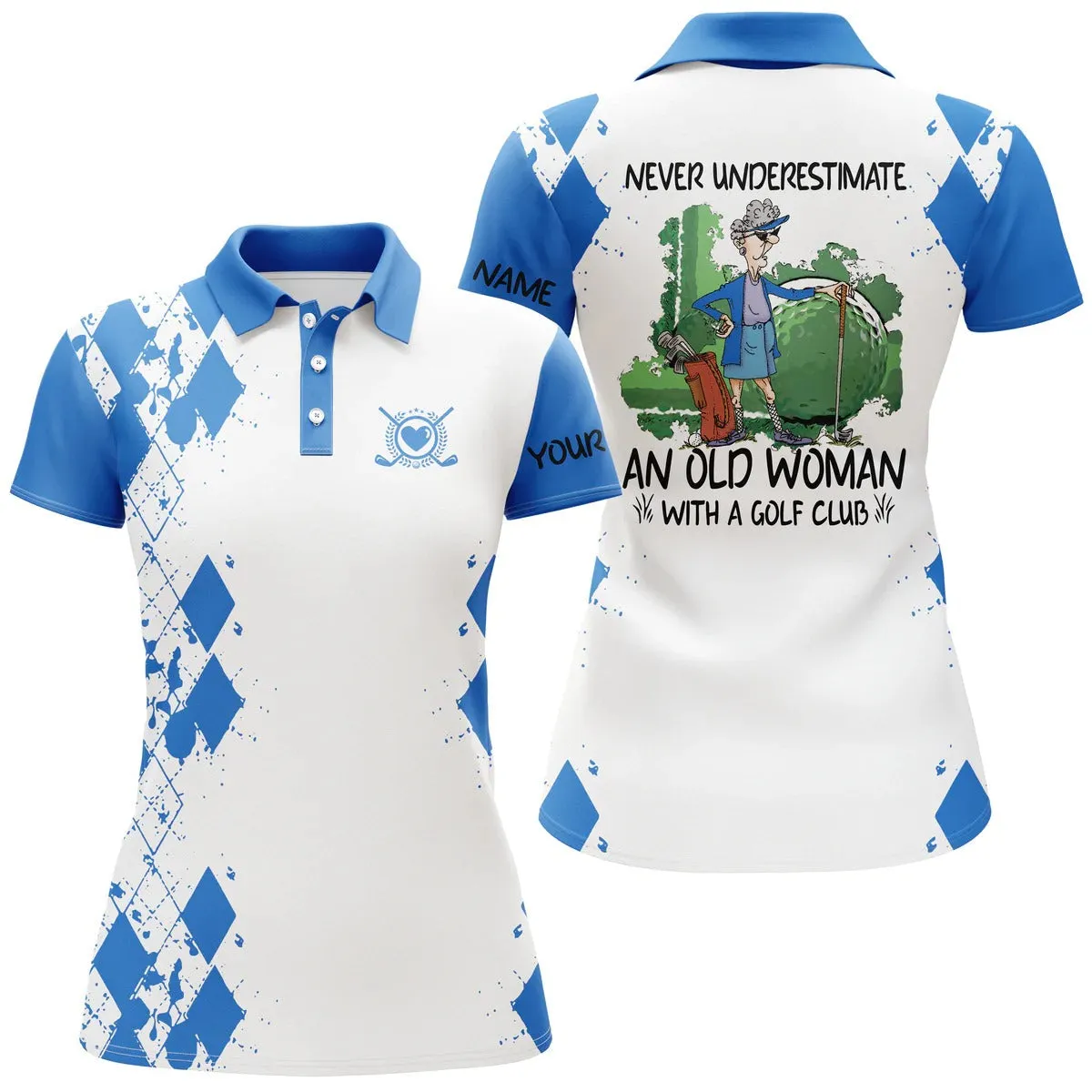 Custom name 3D women golf polo shirts multi-color never underestimate an old woman with a golf club