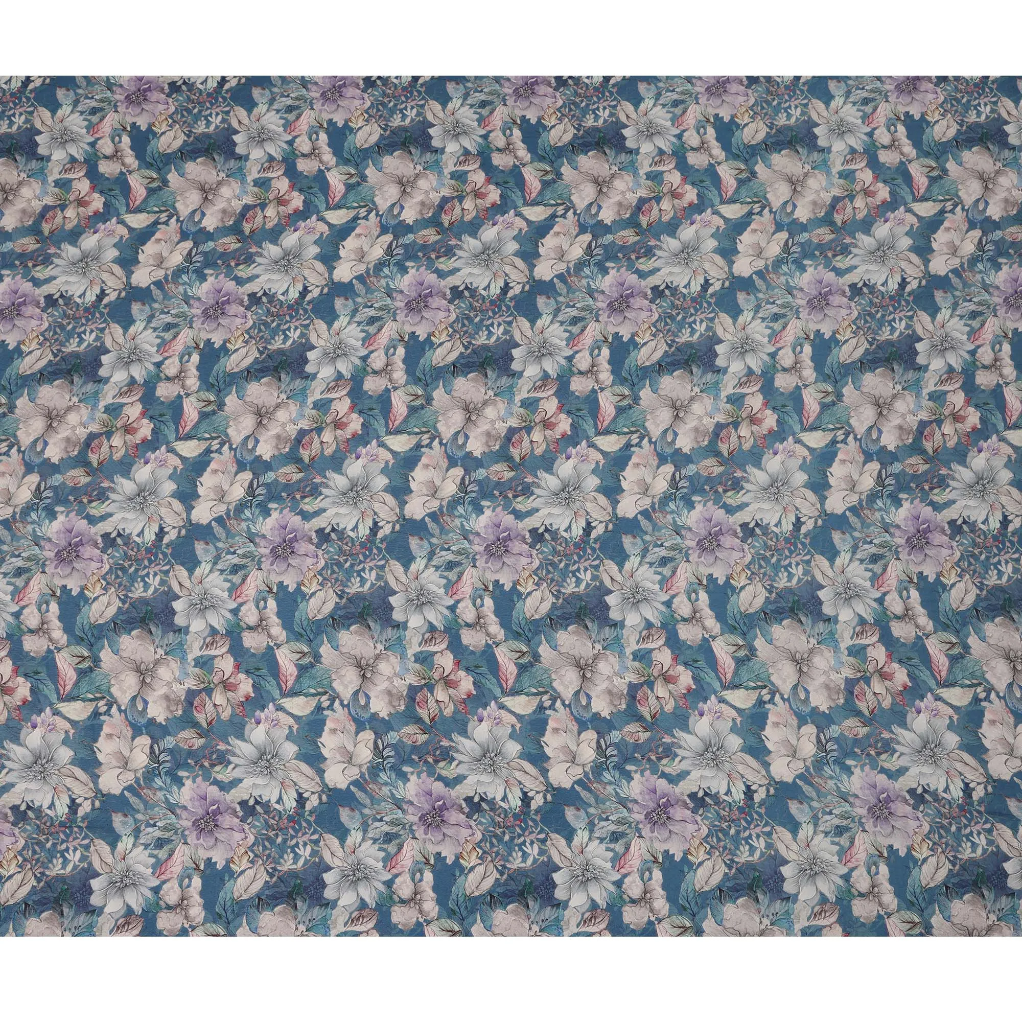 Deep Teal Viscose Digital Printed Fabric with Botanical Floral Design, 110 cm Width-D21308