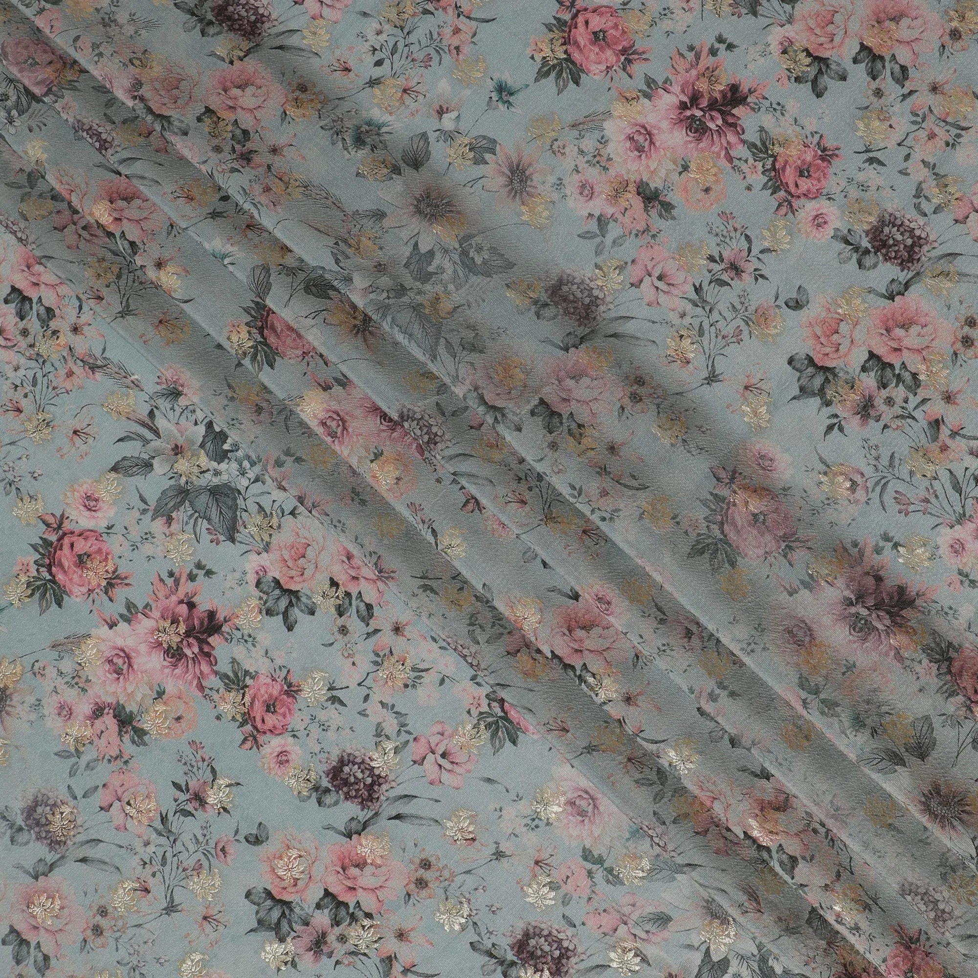 Dusty Blue Floral Viscose Digital Printed Fabric - Soft & Lightweight, 110 cm Width-D20259