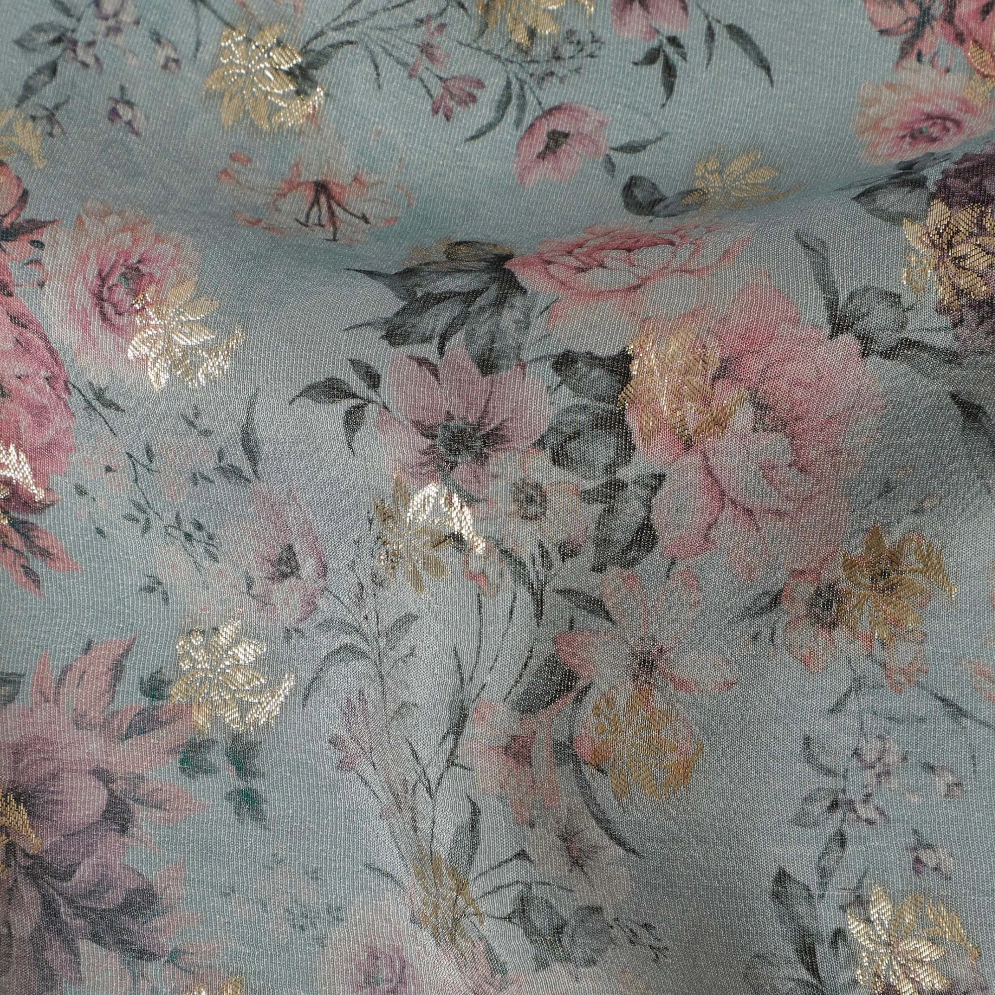 Dusty Blue Floral Viscose Digital Printed Fabric - Soft & Lightweight, 110 cm Width-D20259