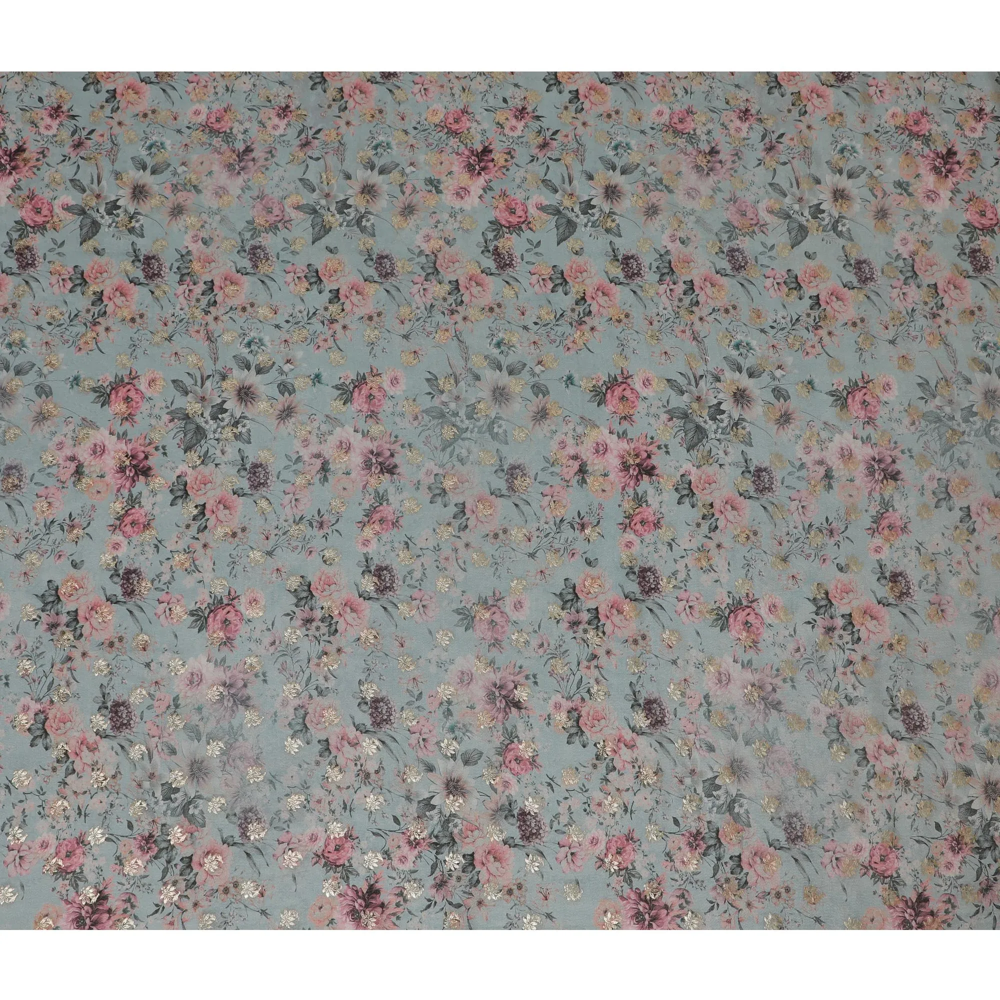 Dusty Blue Floral Viscose Digital Printed Fabric - Soft & Lightweight, 110 cm Width-D20259