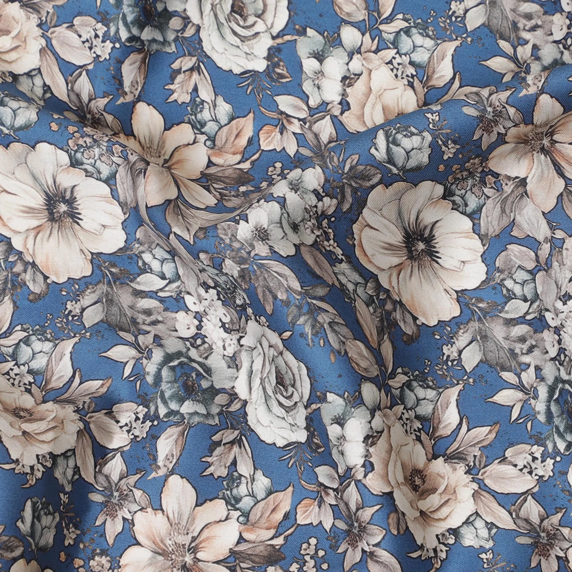 Elegant Blue Cotton Satin Fabric with Cream Floral Design, 110 cm Wide-D19195