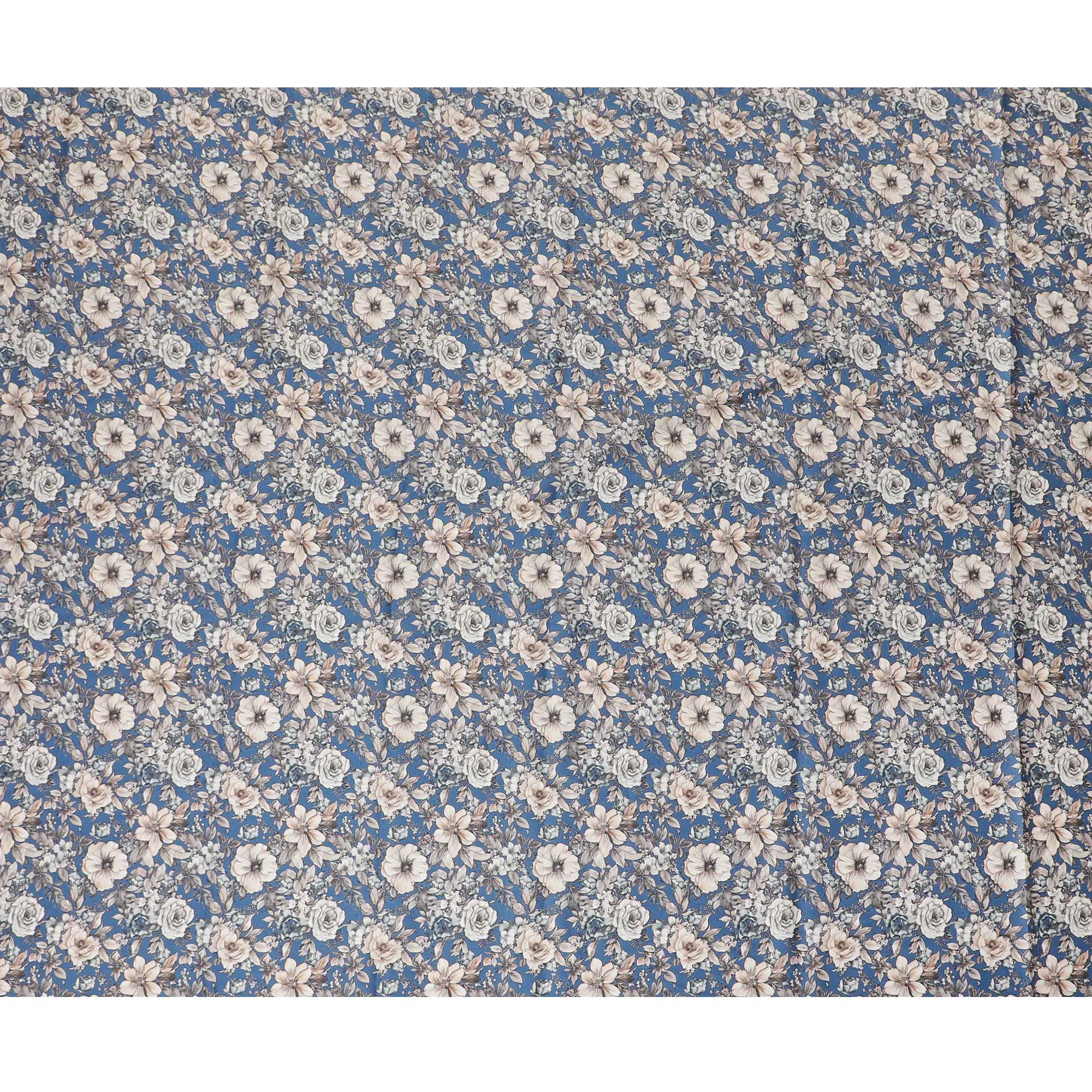 Elegant Blue Cotton Satin Fabric with Cream Floral Design, 110 cm Wide-D19195