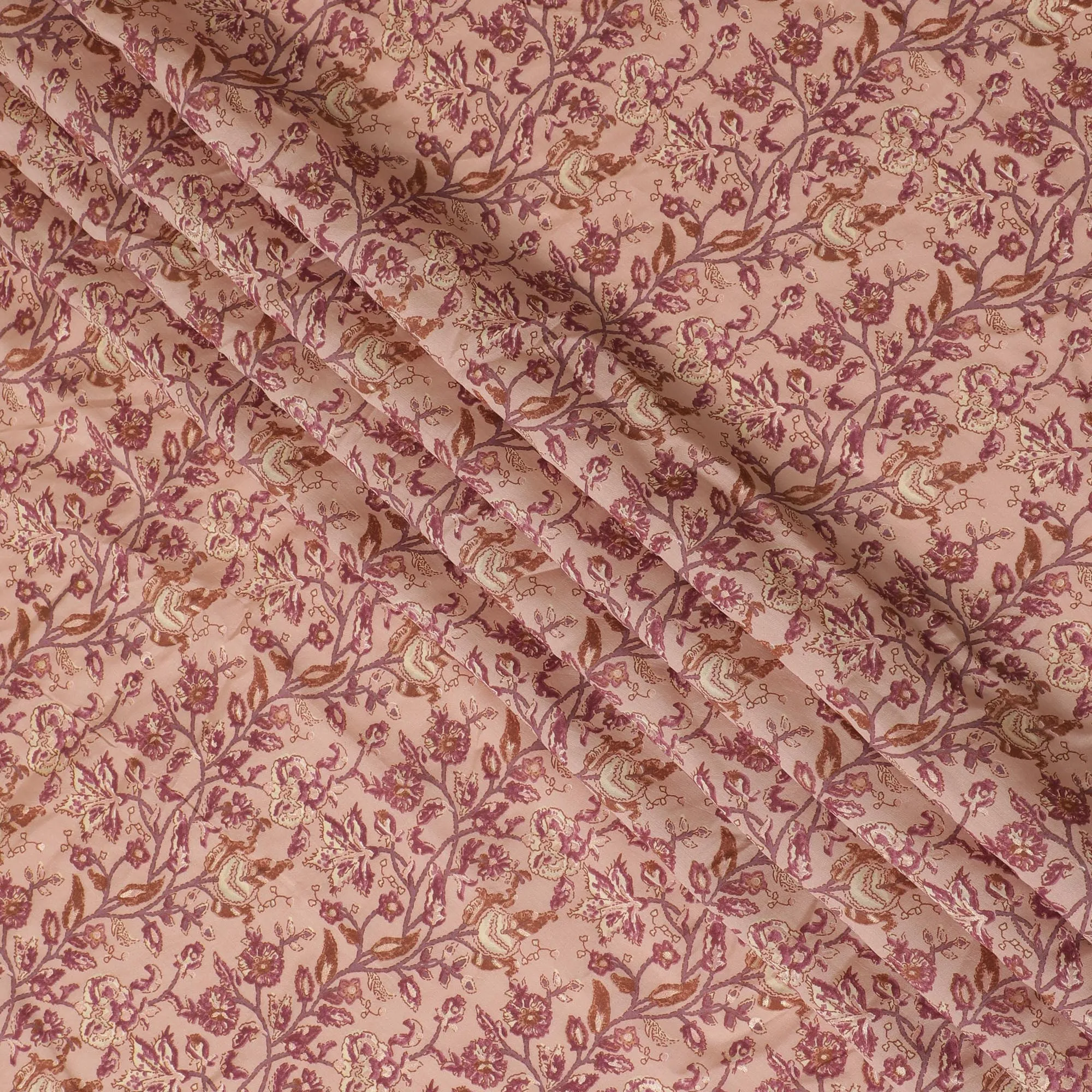 Elegant Blush Pink Cotton Lawn Fabric with Gold Floral Print, 110 cm Wide-D19145