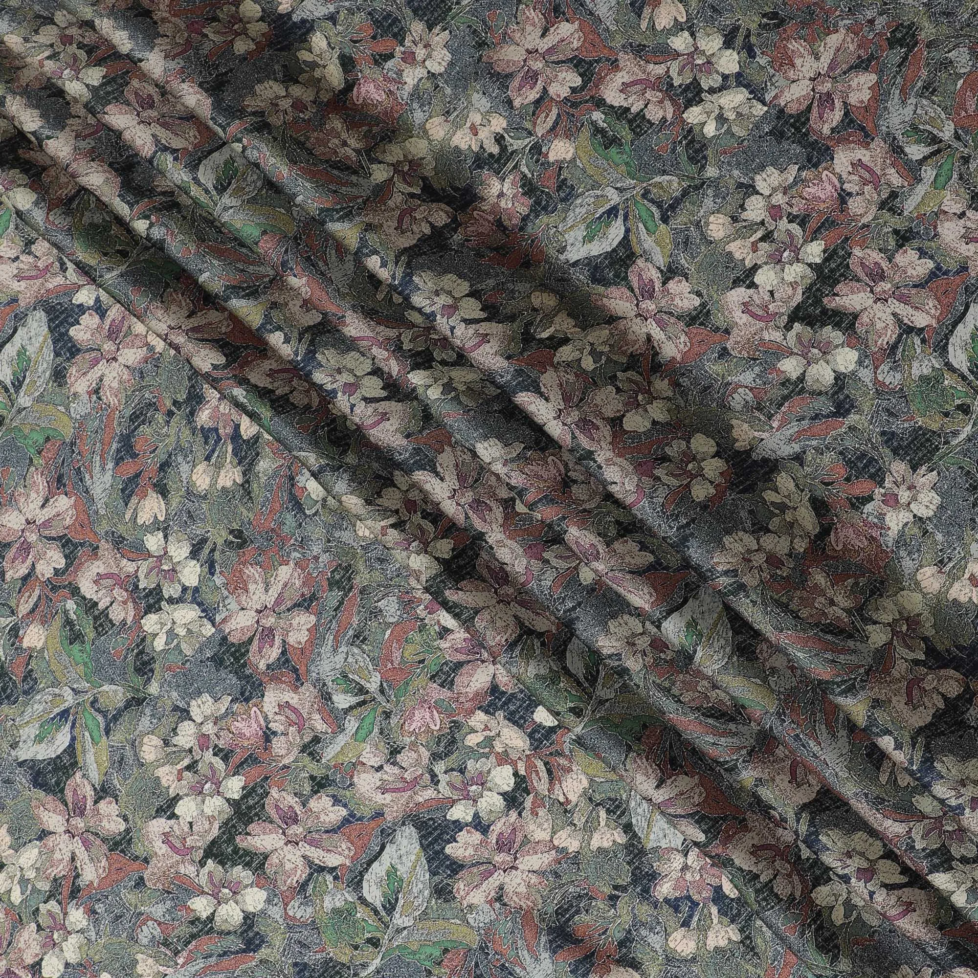 Elegant Charcoal and Pink Floral Modal Satin Fabric - 110 cm Width, Luxurious Textured Material from India-D19224