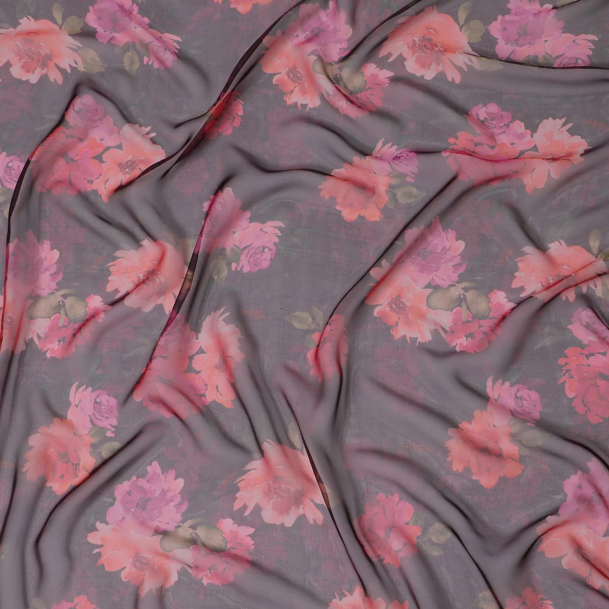 Elegant Charcoal Grey Floral Silk Chiffon Fabric, 110cm Width – Ideal for Sophisticated Evening Wear and Scarves-D20095