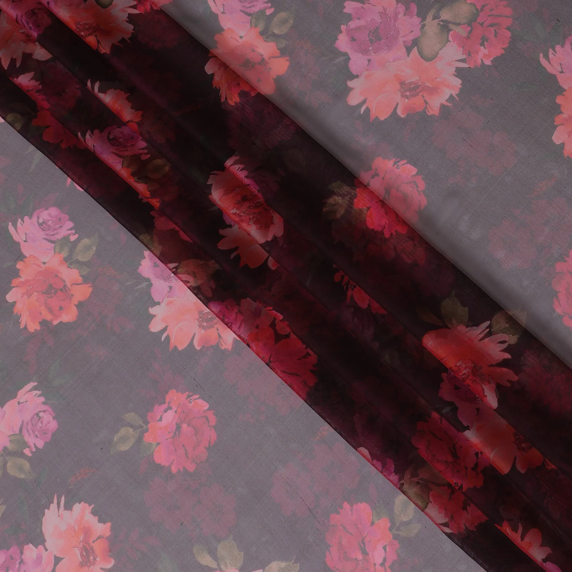 Elegant Charcoal Grey Floral Silk Chiffon Fabric, 110cm Width – Ideal for Sophisticated Evening Wear and Scarves-D20095