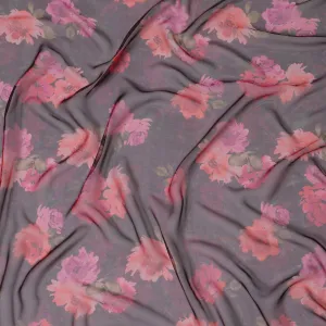 Elegant Charcoal Grey Floral Silk Chiffon Fabric, 110cm Width – Ideal for Sophisticated Evening Wear and Scarves-D20095