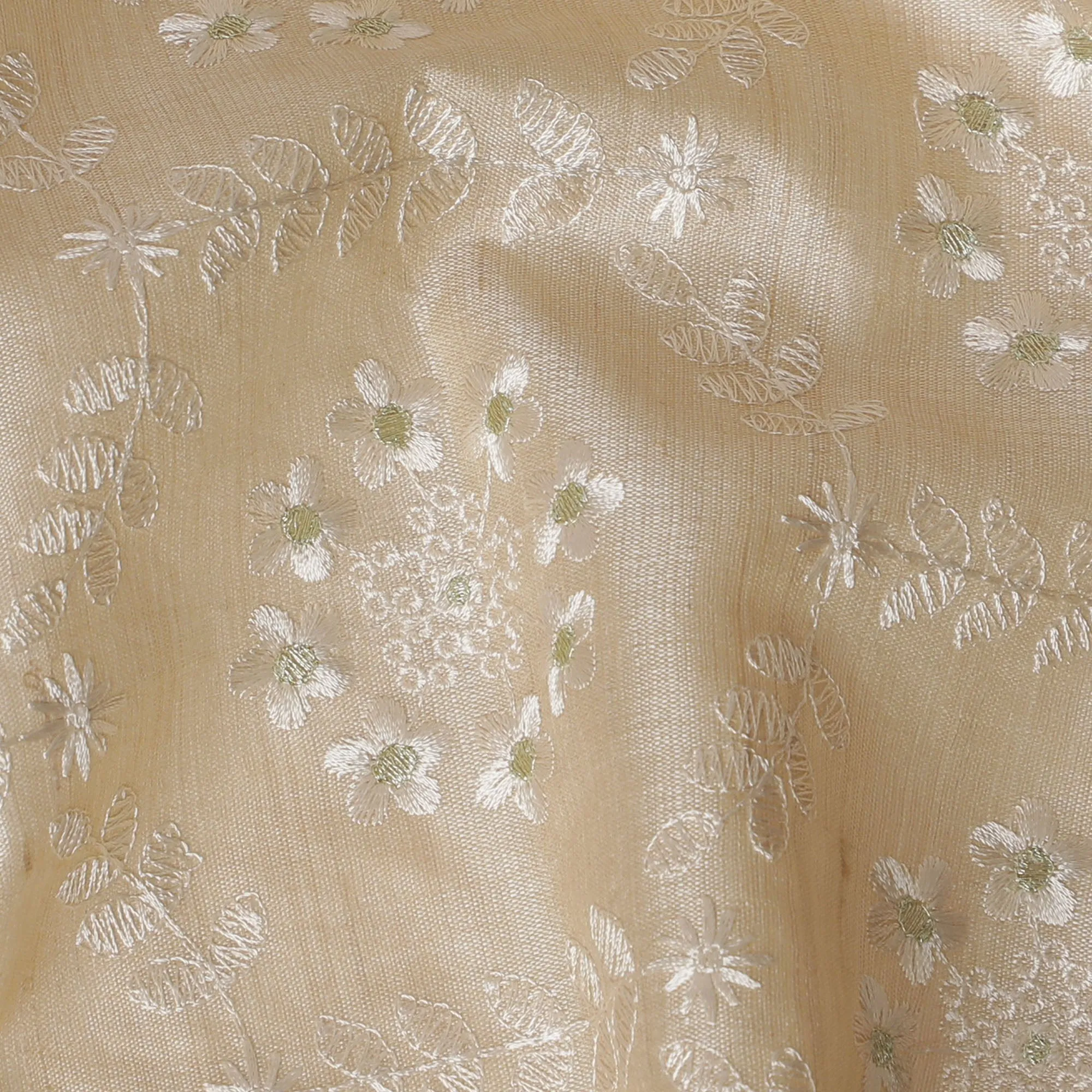 Elegant Gold Tussar Silk Fabric with Delicate Floral Embroidery - 110 cm Wide - D19617