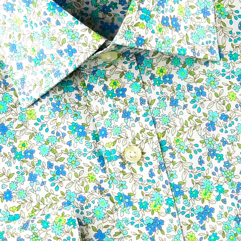 Elegant Green Flower Print Fabric Dress Shirt French Cuff For Holiday Wear