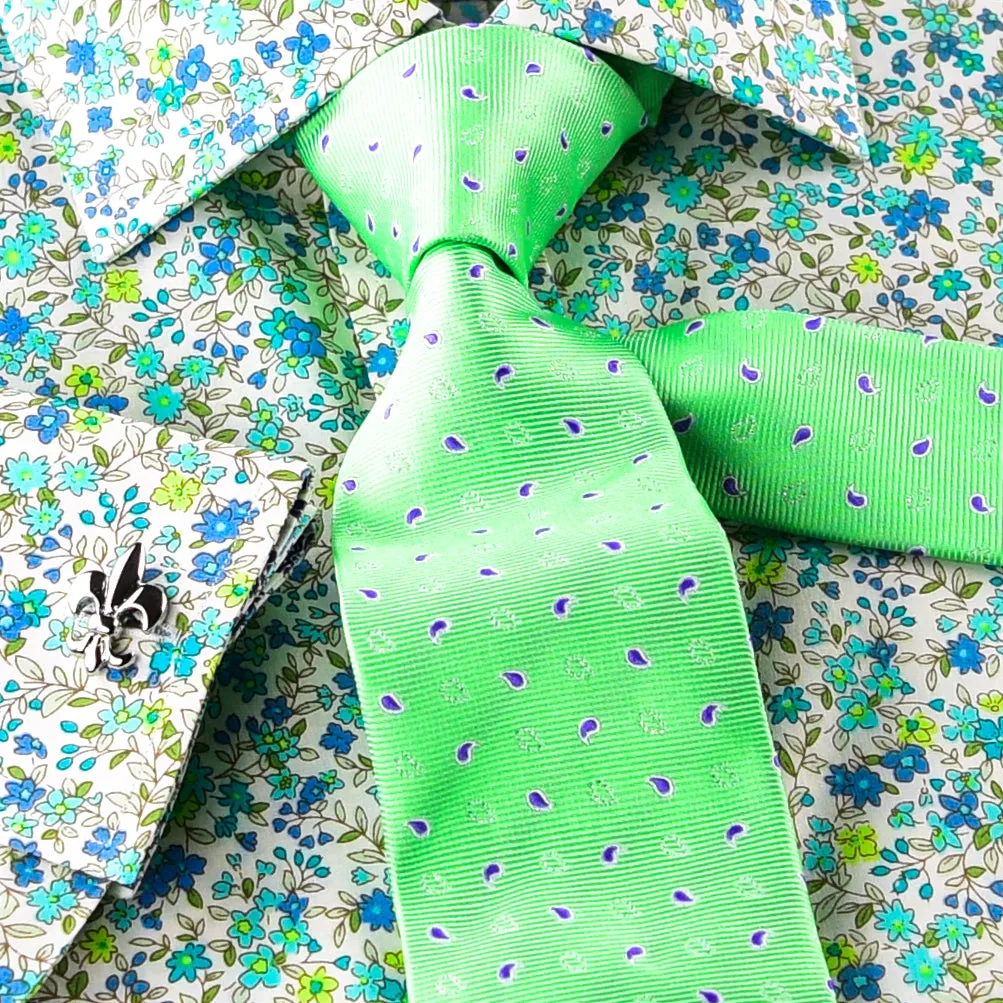 Elegant Green Flower Print Fabric Dress Shirt French Cuff For Holiday Wear