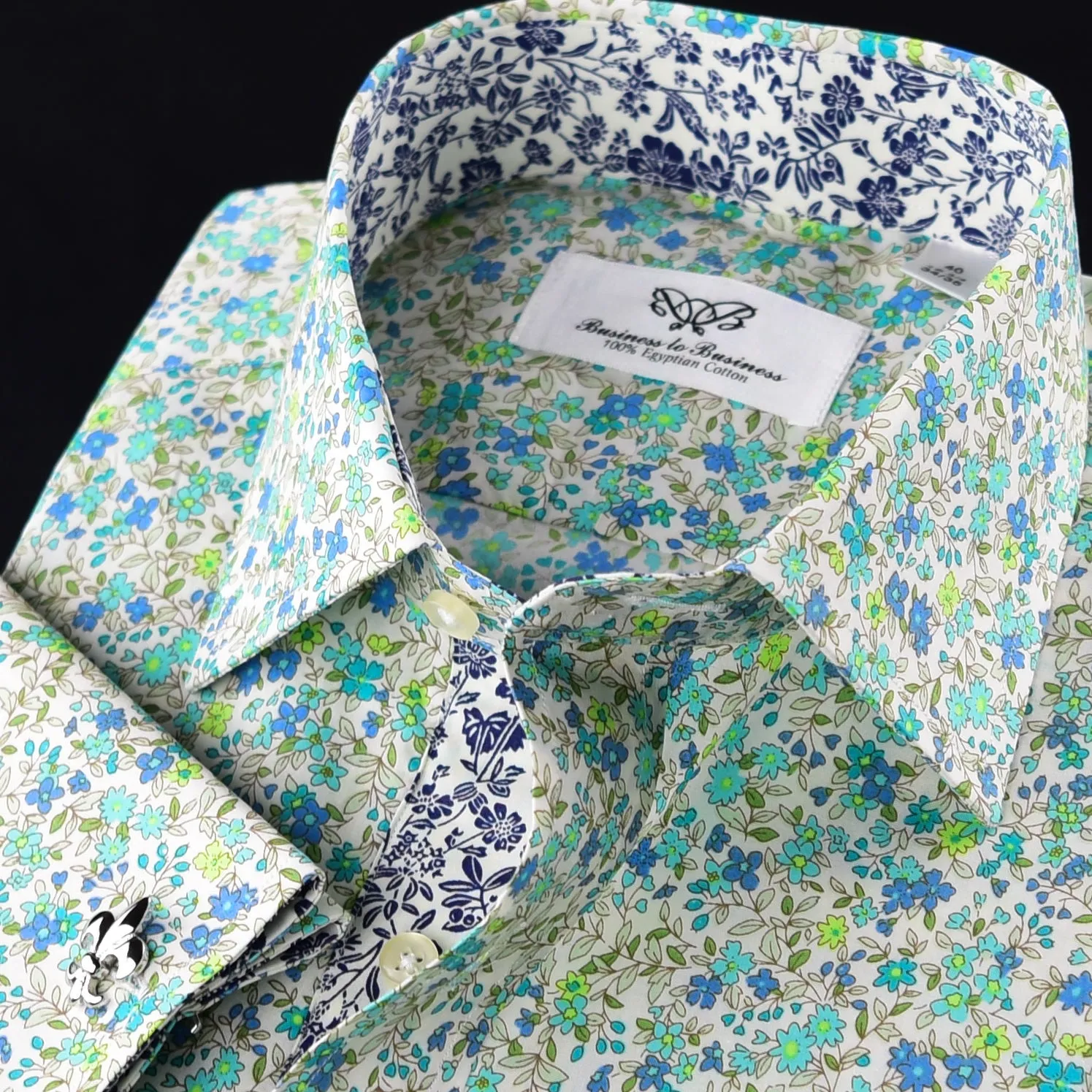 Elegant Green Flower Print Fabric Dress Shirt French Cuff For Holiday Wear