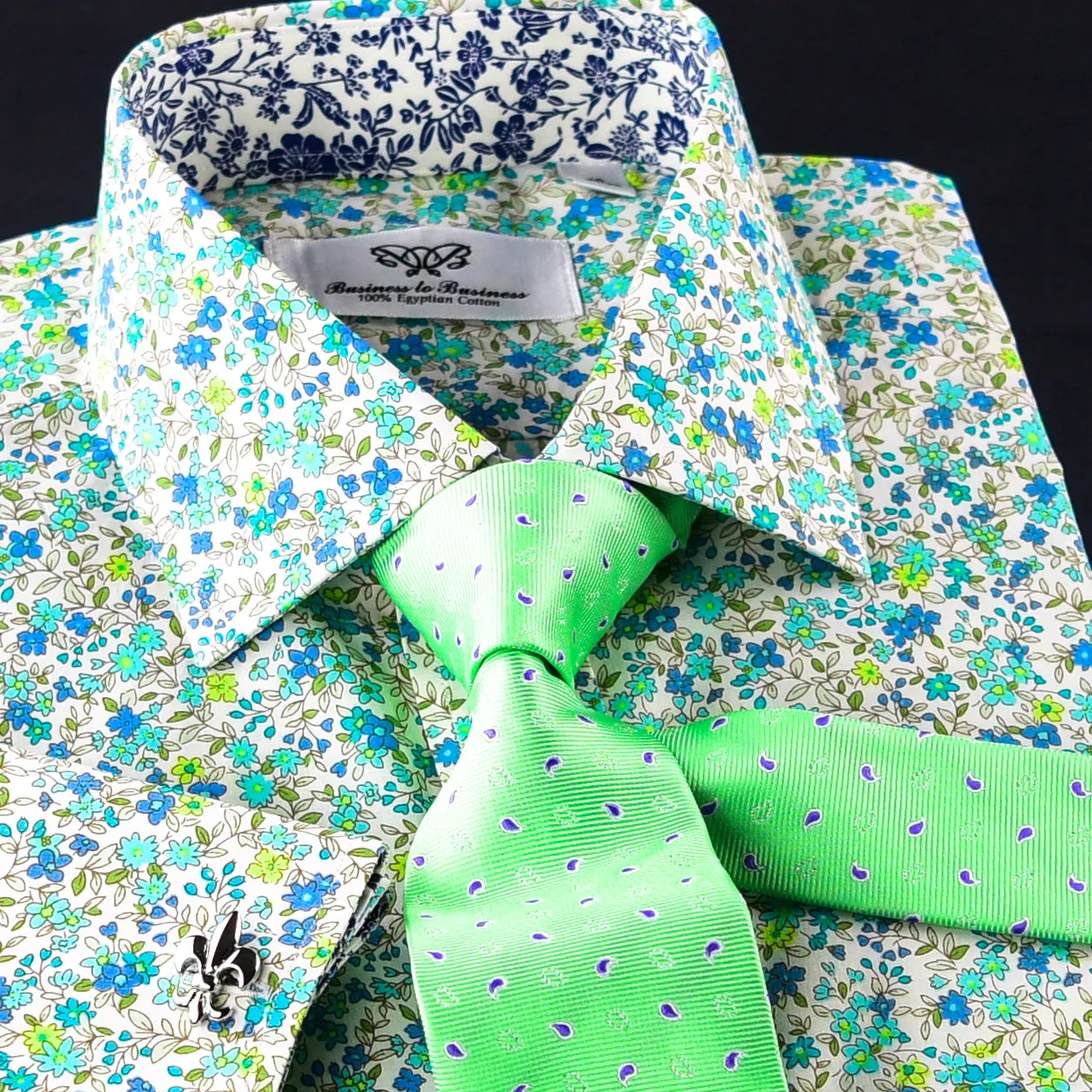 Elegant Green Flower Print Fabric Dress Shirt French Cuff For Holiday Wear