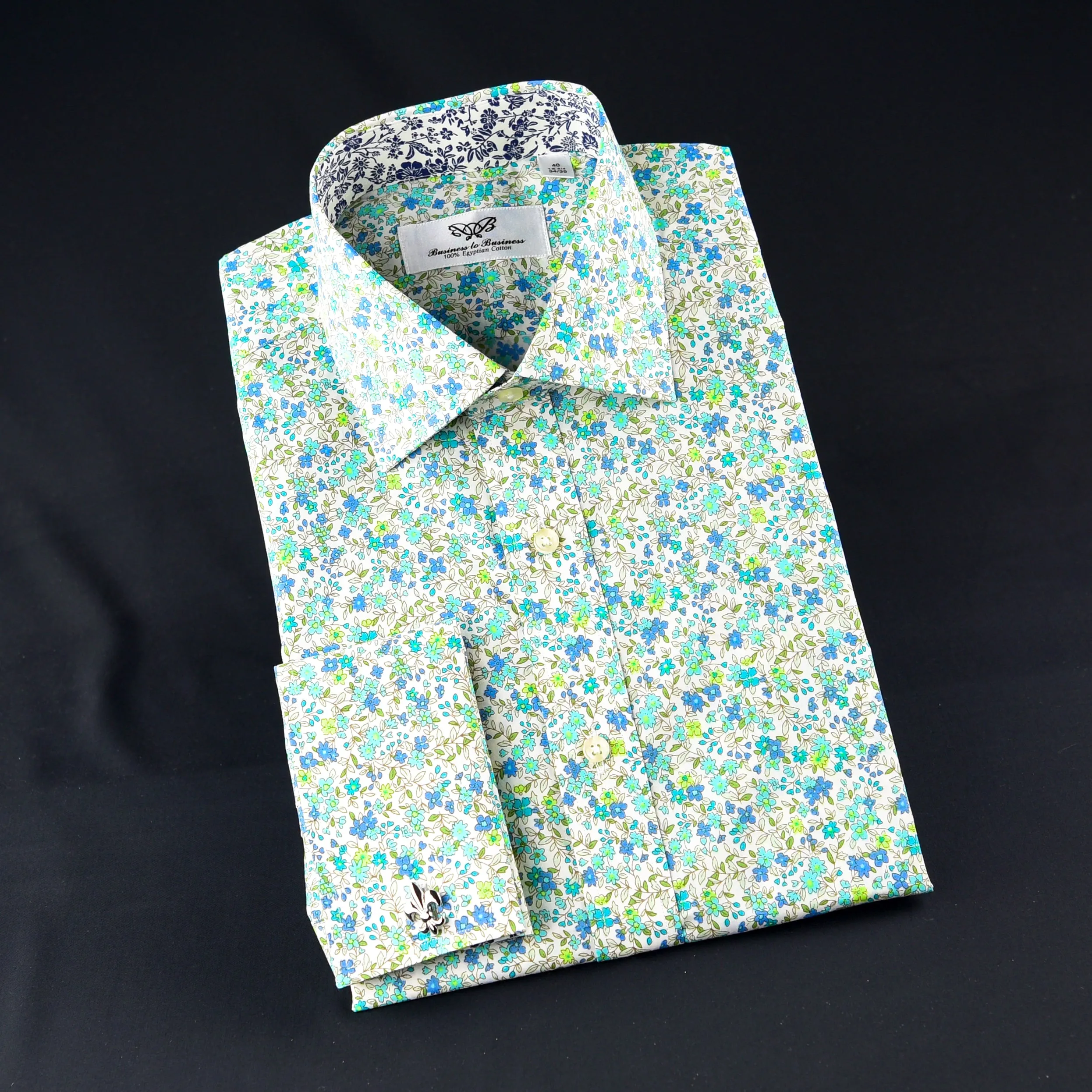 Elegant Green Flower Print Fabric Dress Shirt French Cuff For Holiday Wear