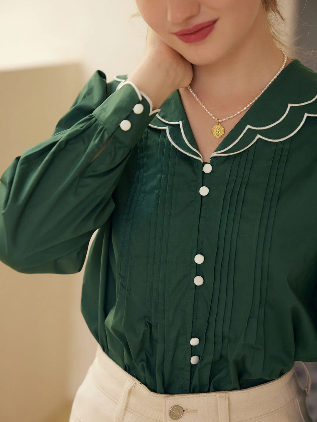 Estelle V-neck Pleated Cotton Blouse