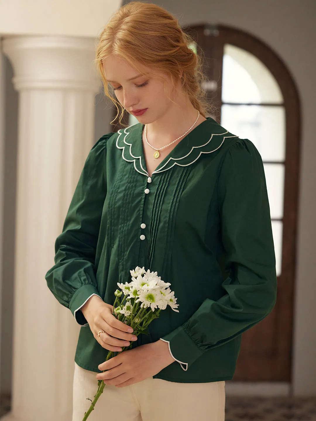 Estelle V-neck Pleated Cotton Blouse