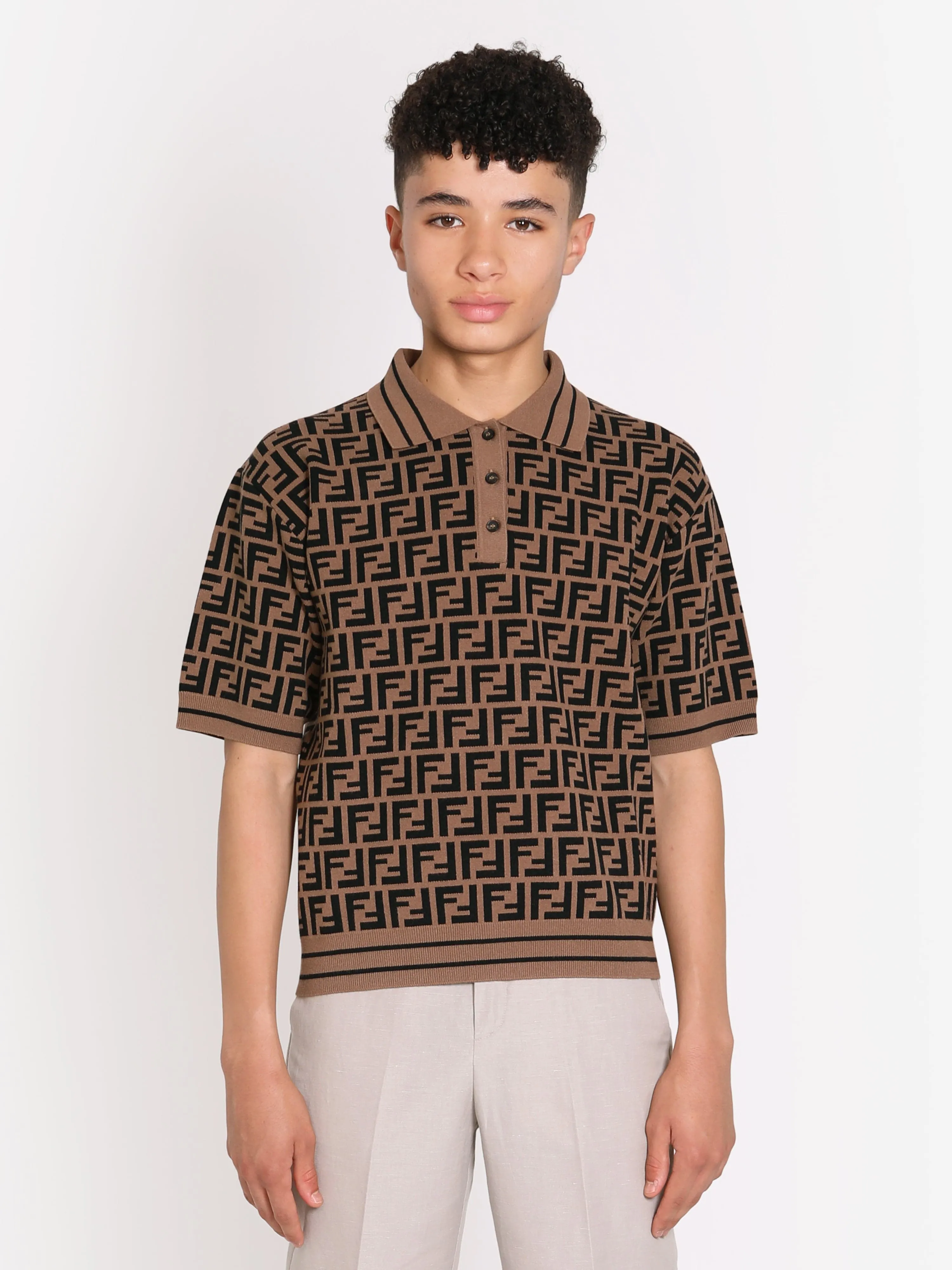 Fendi Boys FF Knit Polo Shirt in Brown