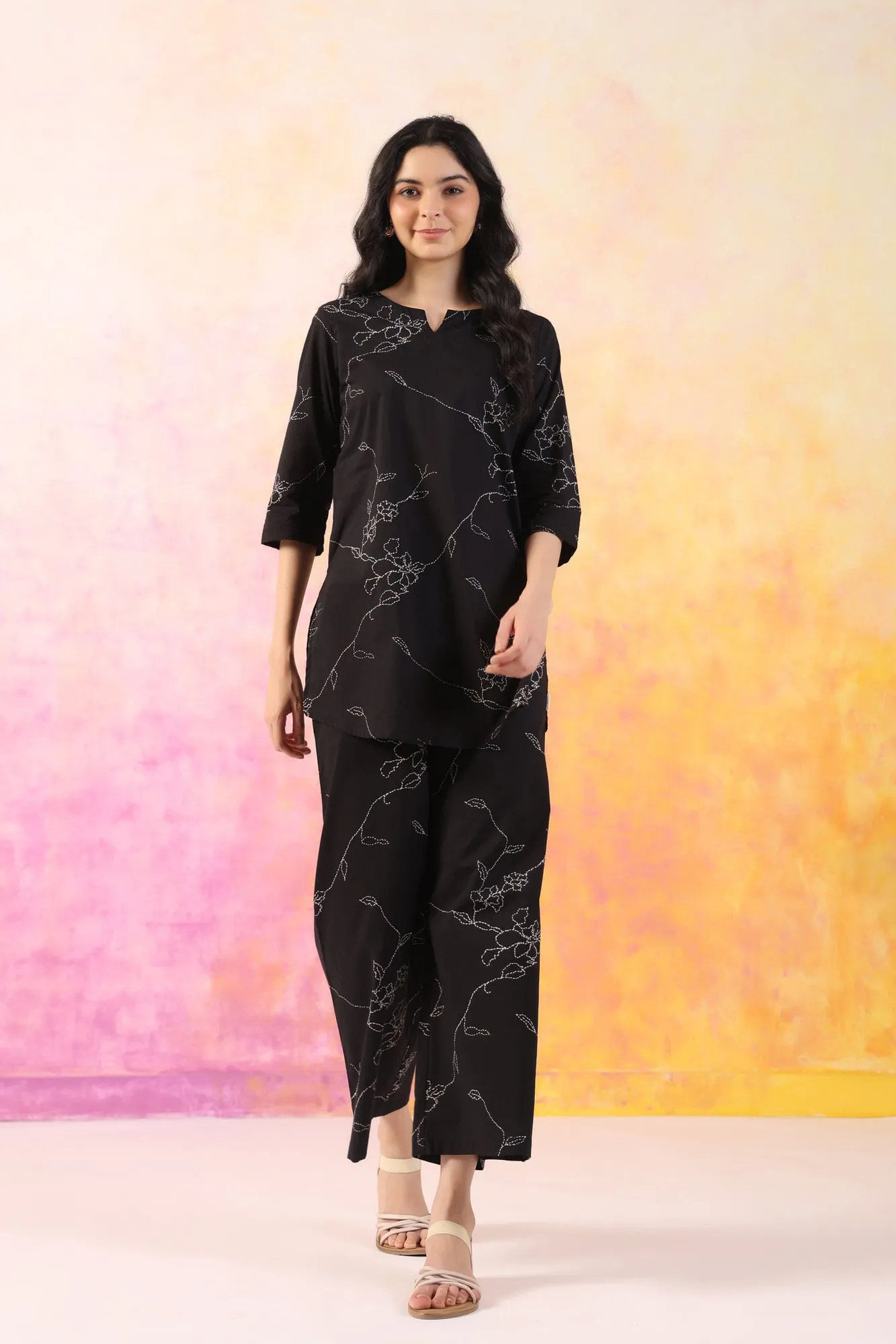 Floral Dots on Black Cotton Palazzo Loungewear Set