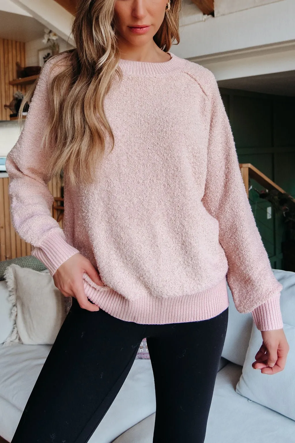 Fuzzy Pink Ribbed Pullover Sweater